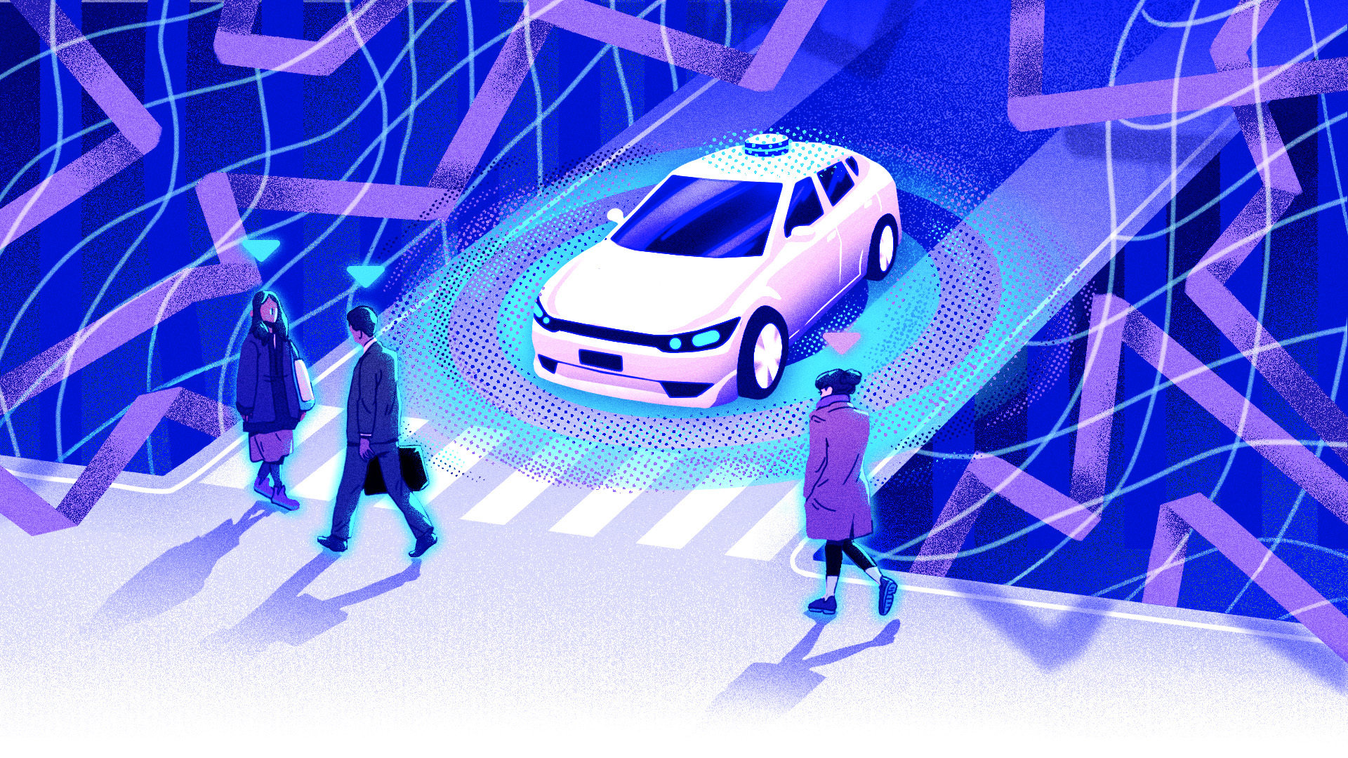 Illustration of an autonomous vehicle at an intersection. 