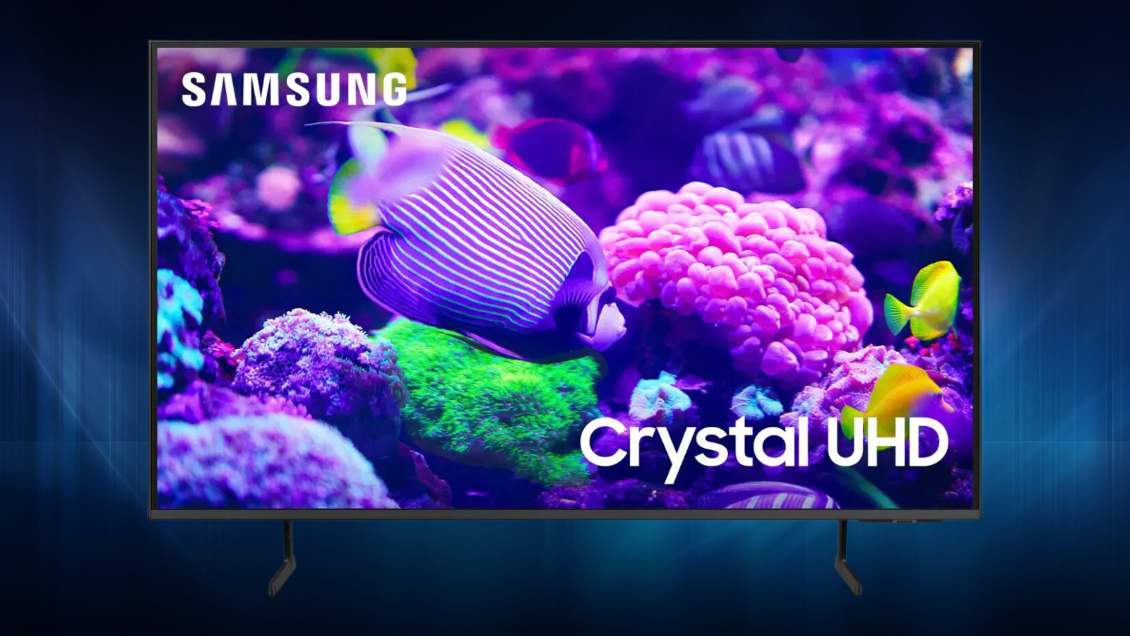 Samsung 85-inch DU7200 on a blue aura background