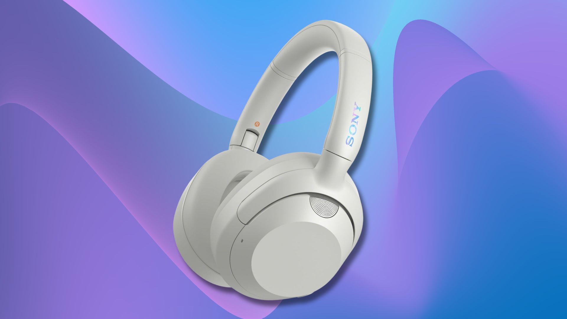 white sony ult wear headphones on a purple and blue wavy background