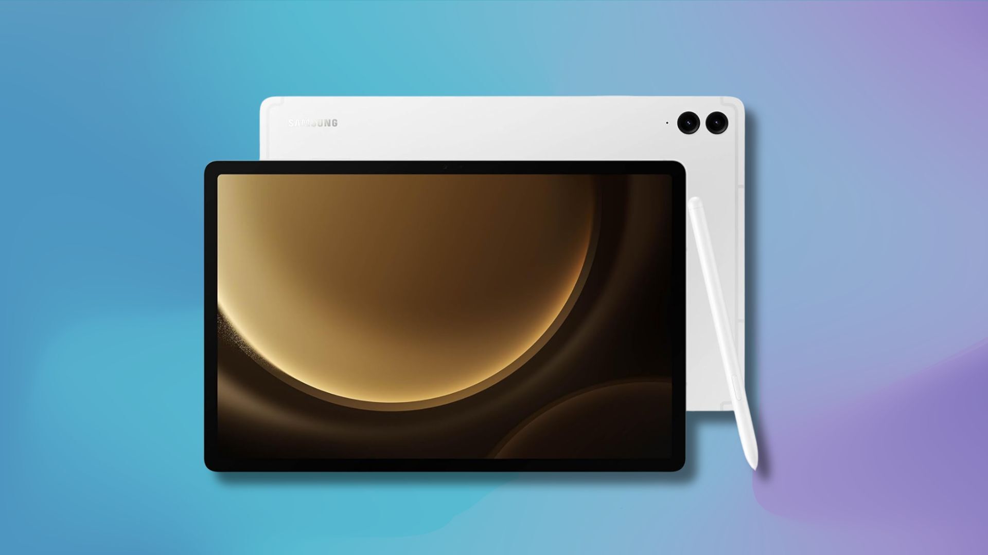 samsung galaxy tab s9 fe plus tablet against a blue to purple gradient background