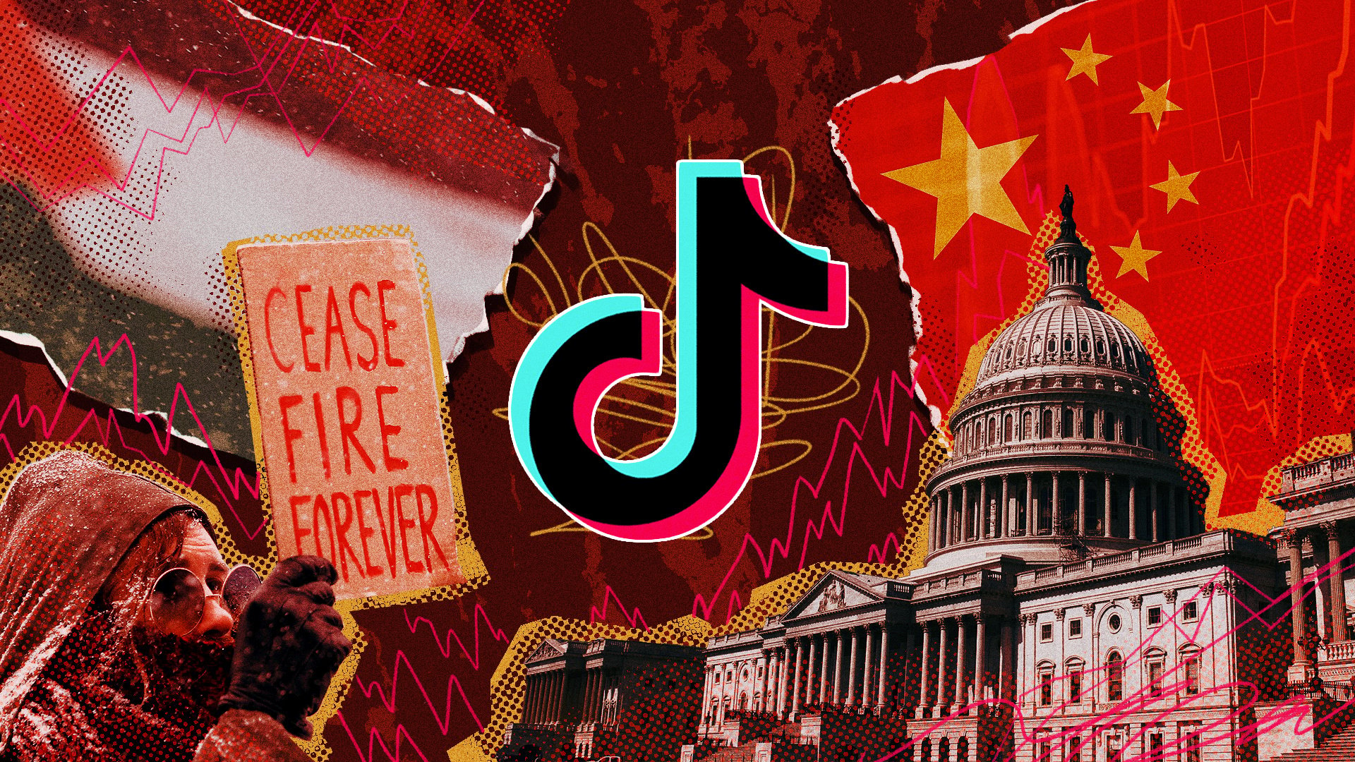 The TikTok logo surrounded by protesters, the White House, and the China and Palestine flags