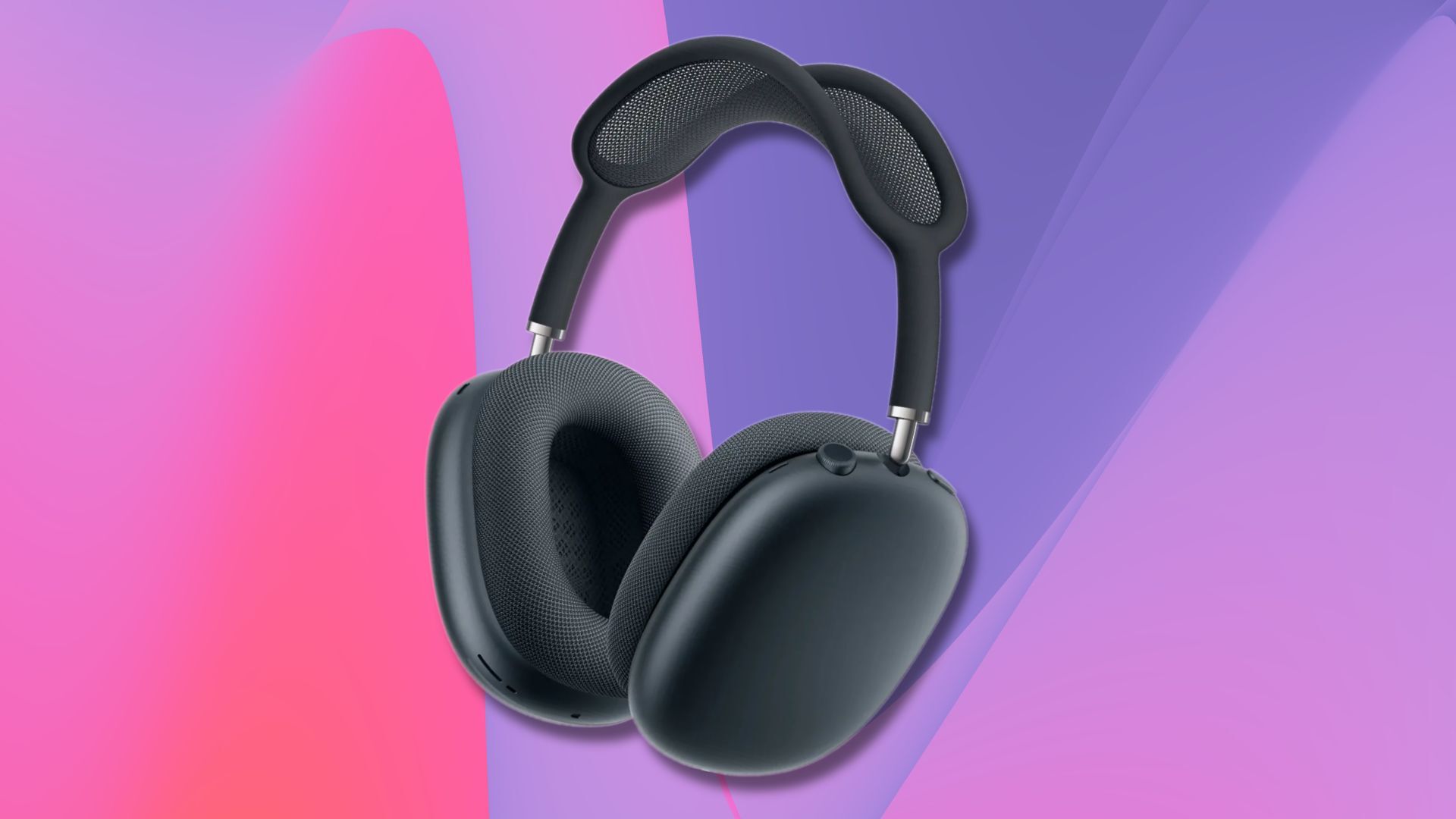 midnight colored apple airpods max headphones against a purple and pink wavy background