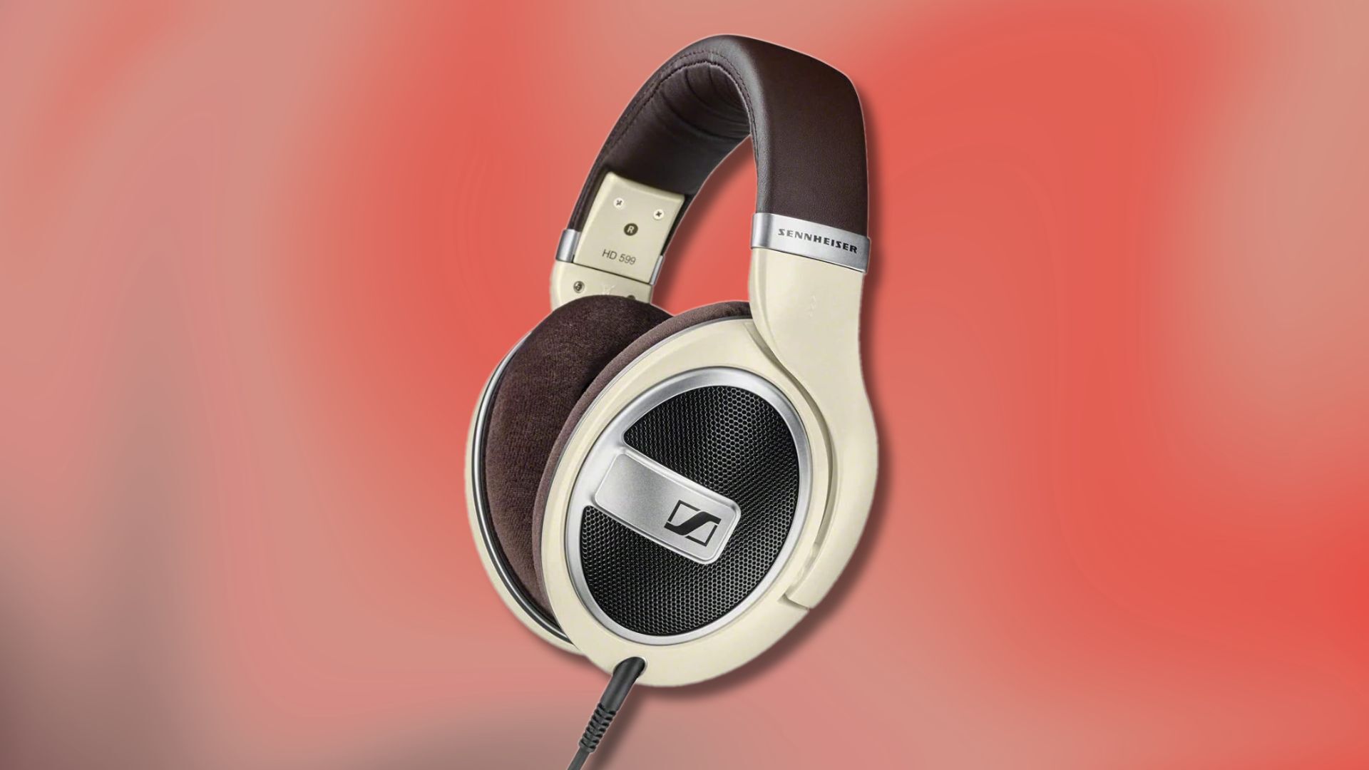 ivory colored sennheiser hd 599 headphones against a red and black background