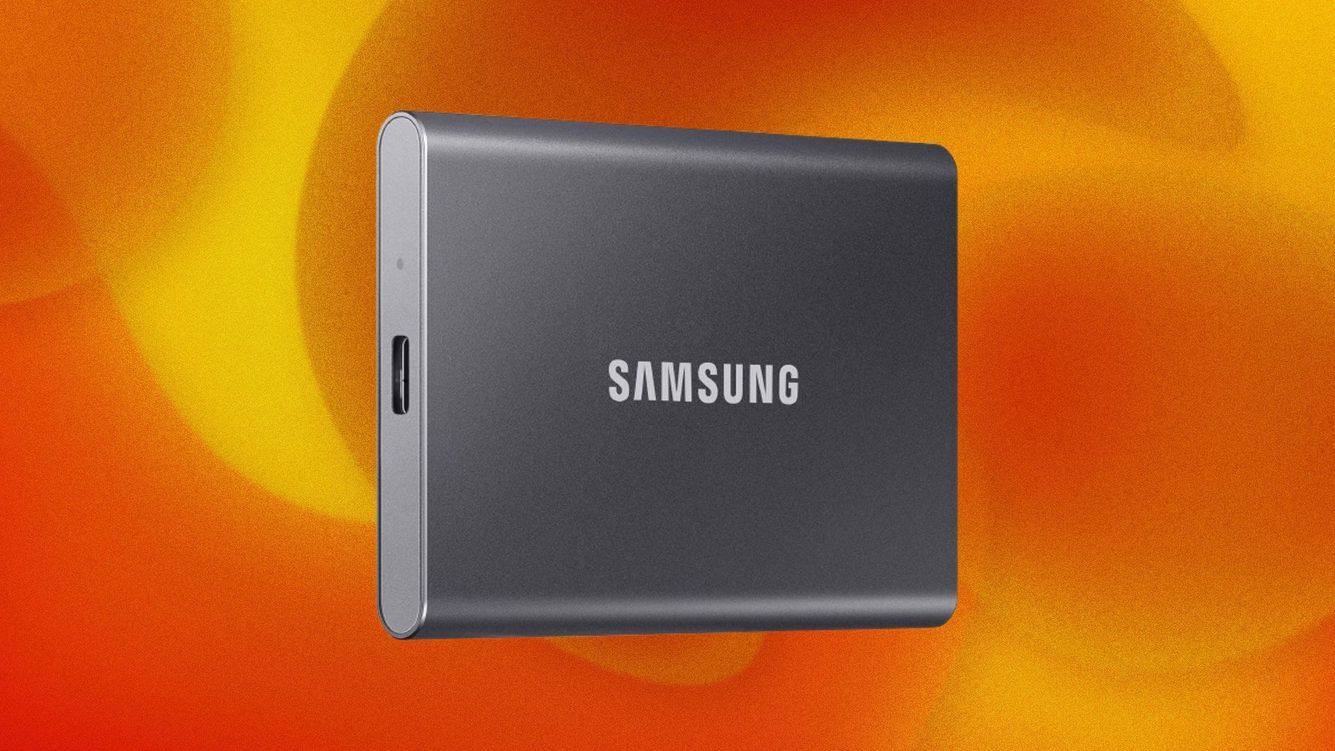 A dark gray rounded box with the brand name Samsung appears on an orange and yellow swirly background. 