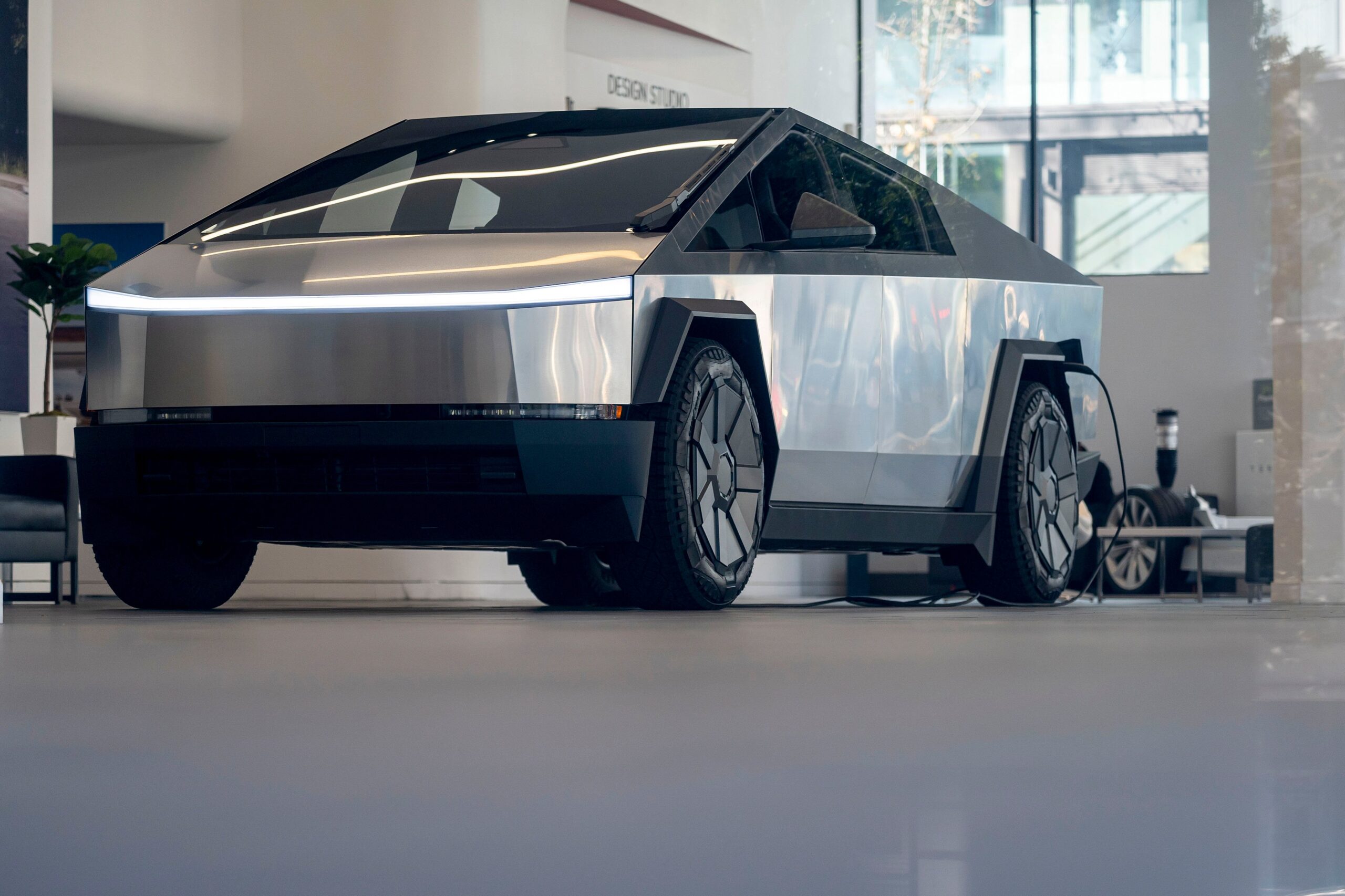 A Tesla Cybertruck inside the company's store