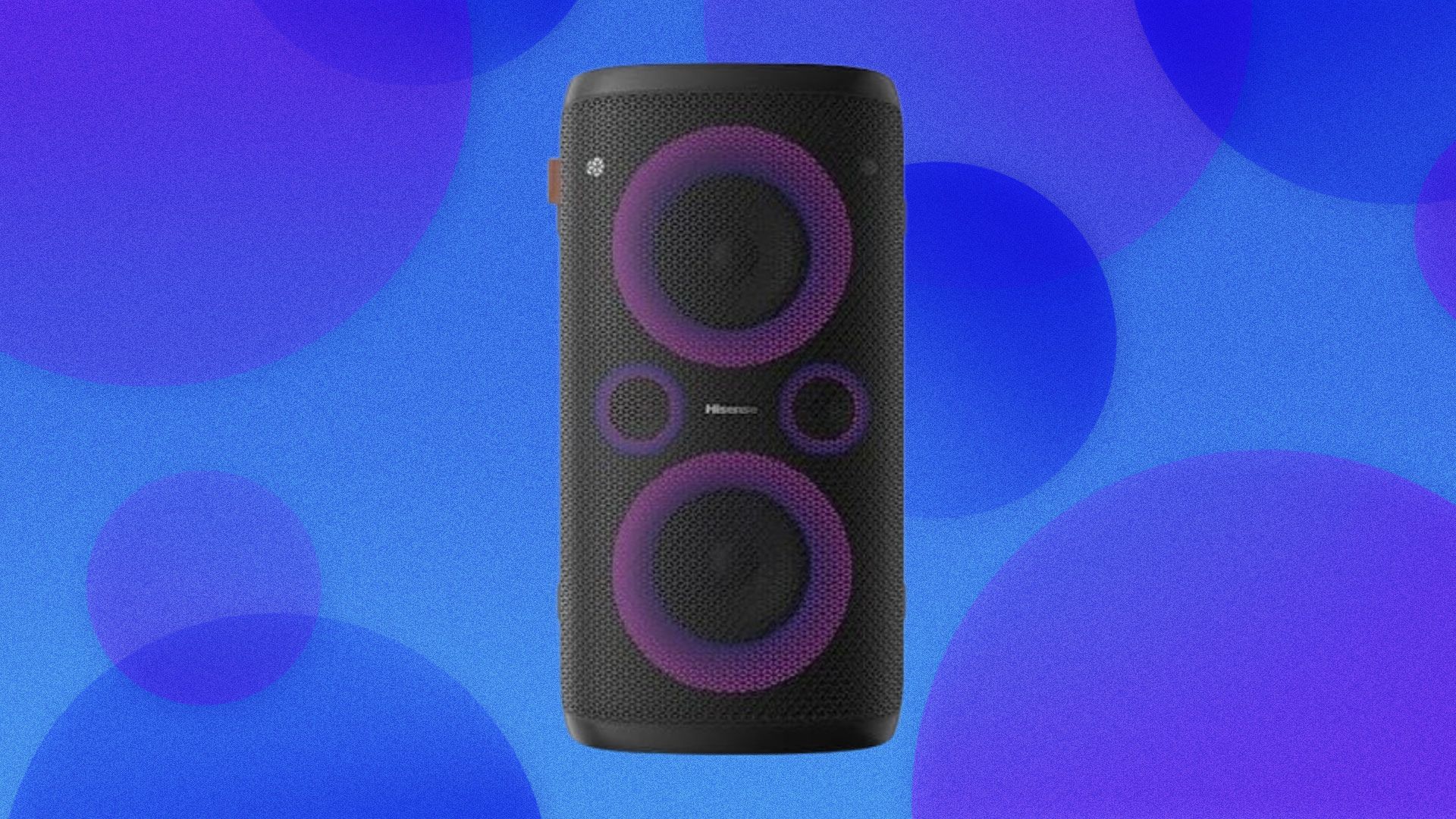 A Hisense speaker appears on a blue background.