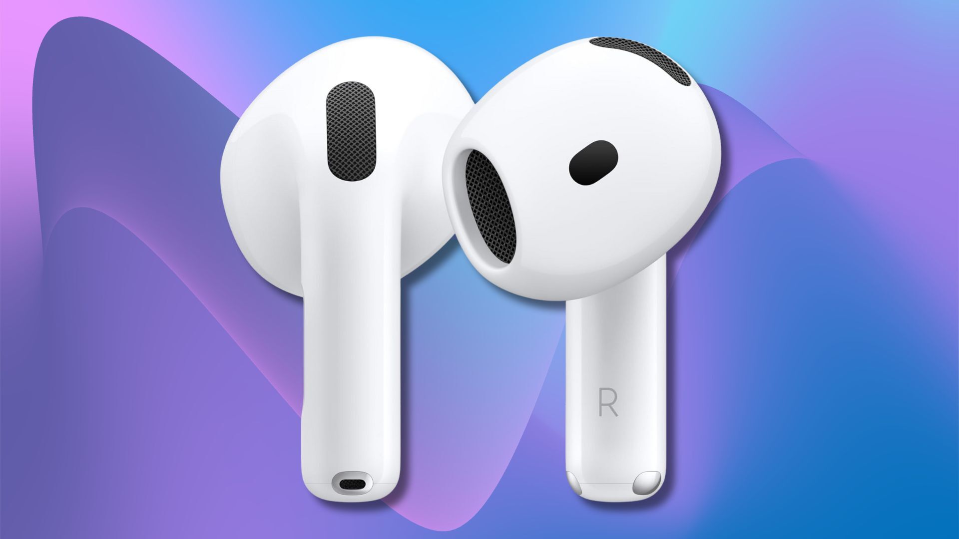 apple airpods 4 earbuds on a blue and purple wavy background