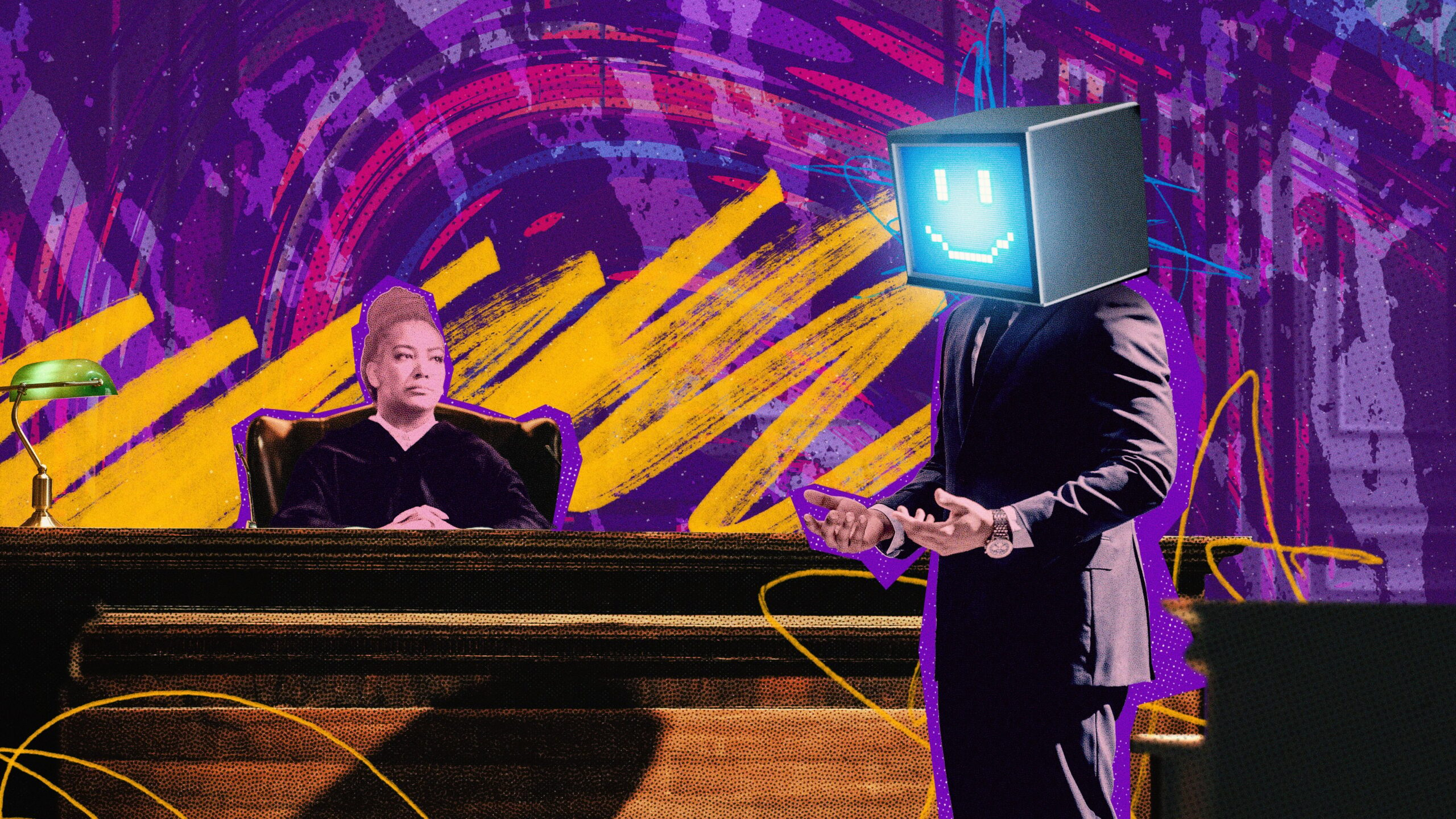 An illustration of a person with a computer monitor for a head (symbollising AI) standing before a judge.