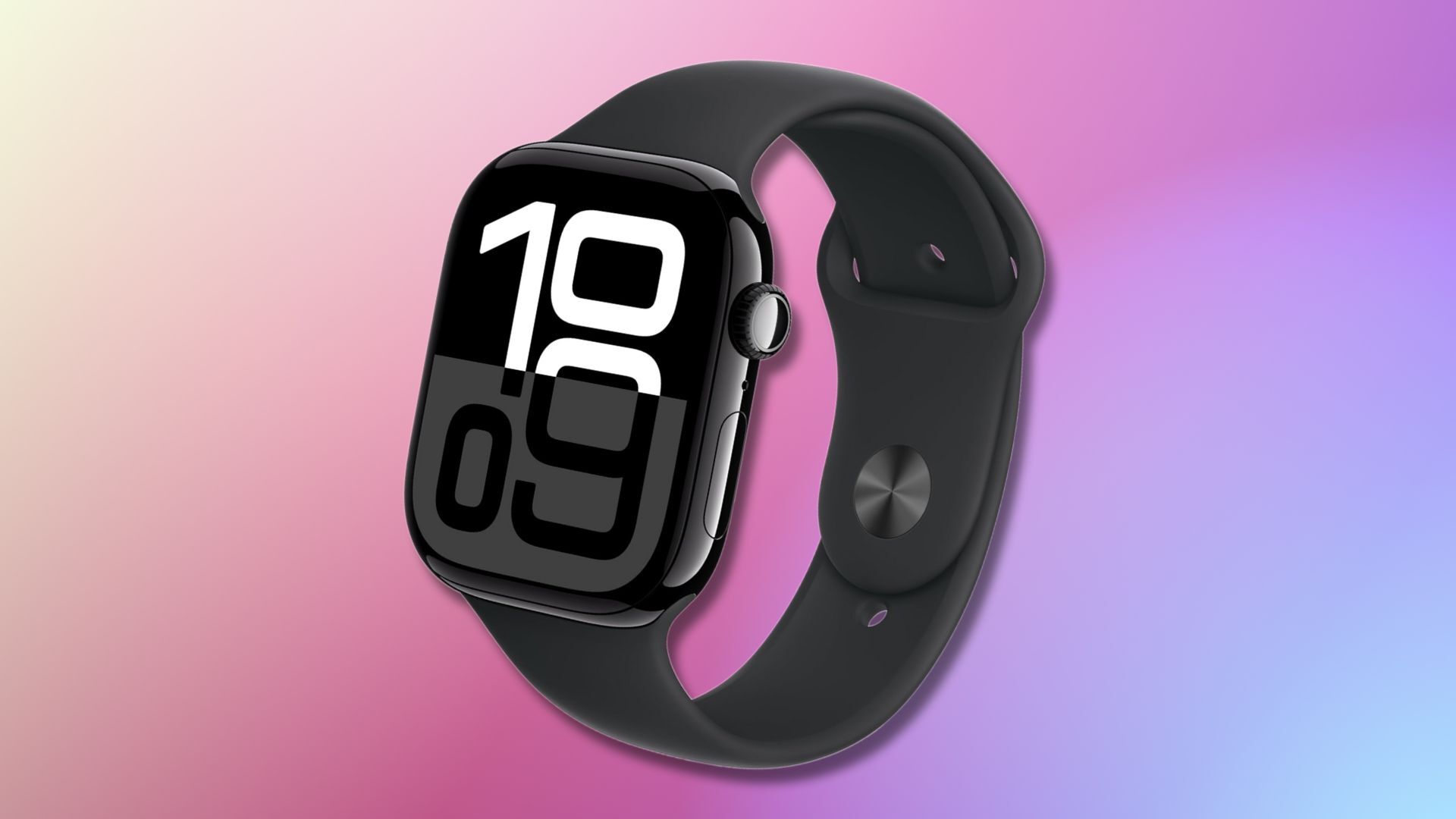 a black apple watch series 10 smartwatch against a purple, pink, and yellow gradient background