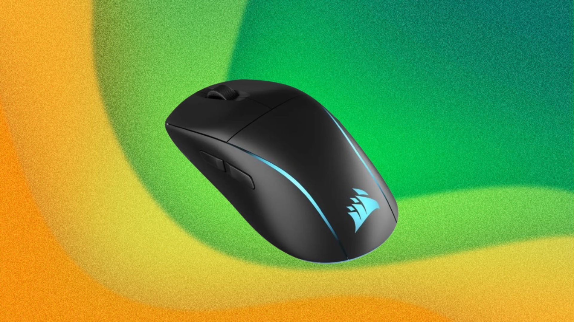 A Corsair Gaming Mouse appears on a yellow and green swirly background.