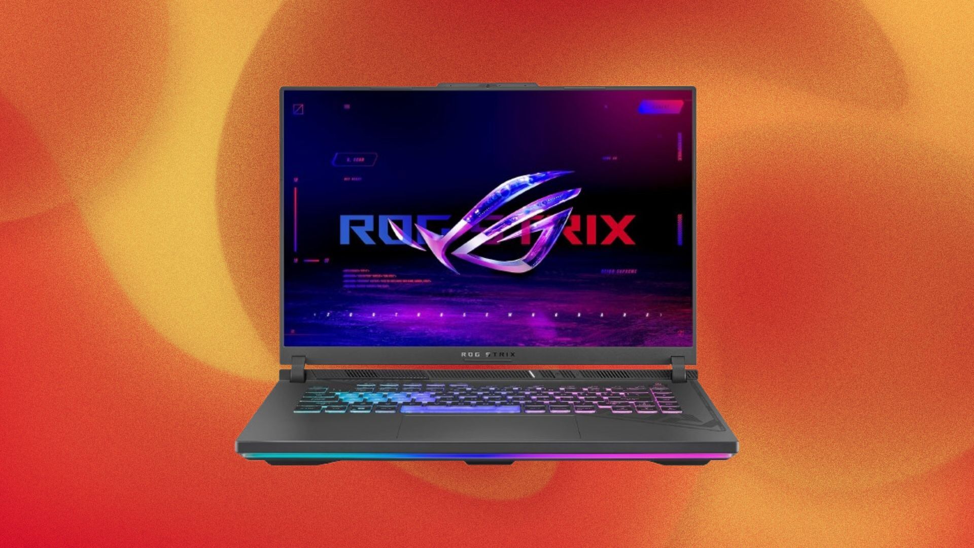 An Asus ROG Strix Gaming Laptop appears on a swirly orange background.