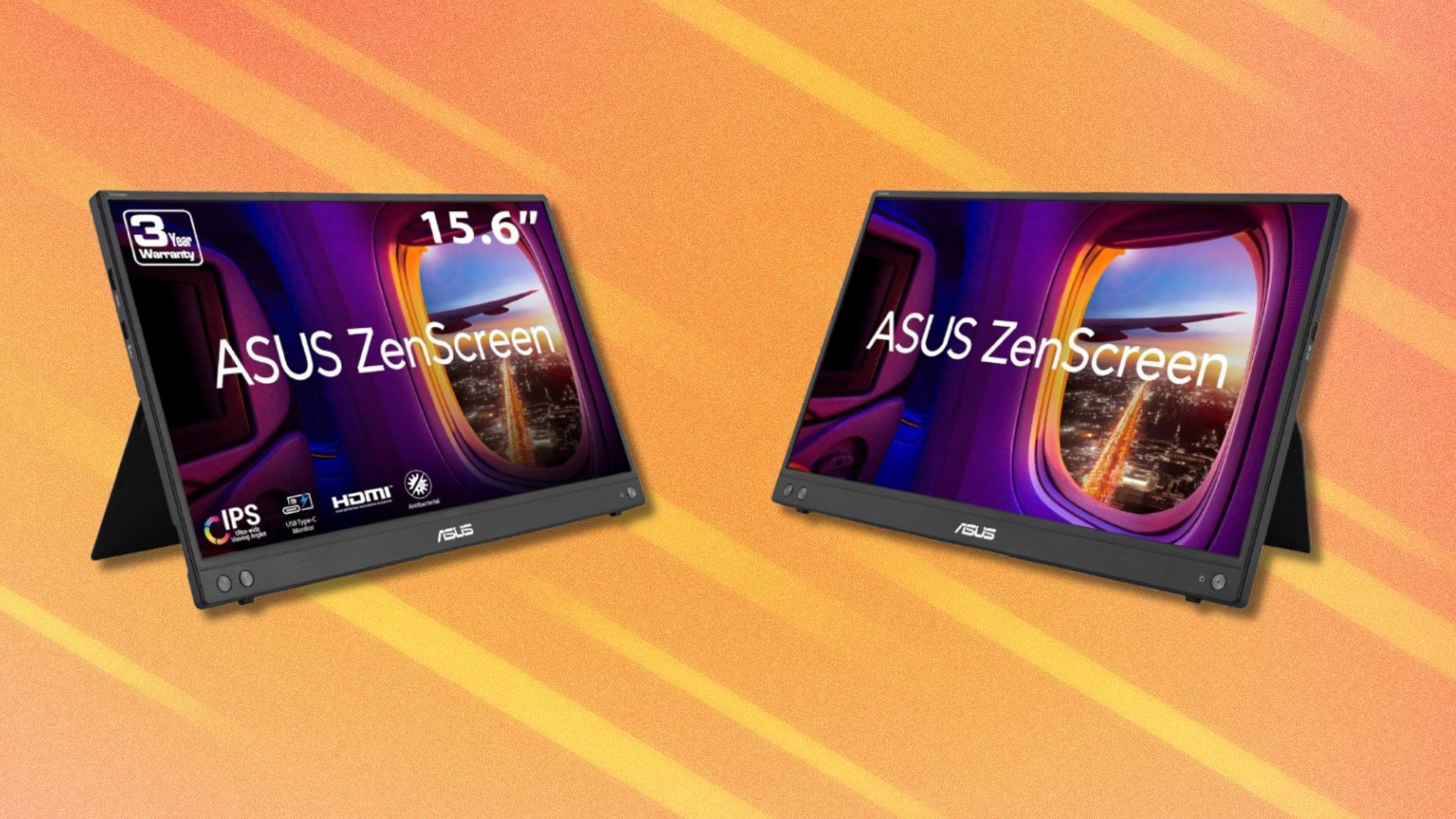 two Asus ZenScreen portable monitors on an orange background with white streaks