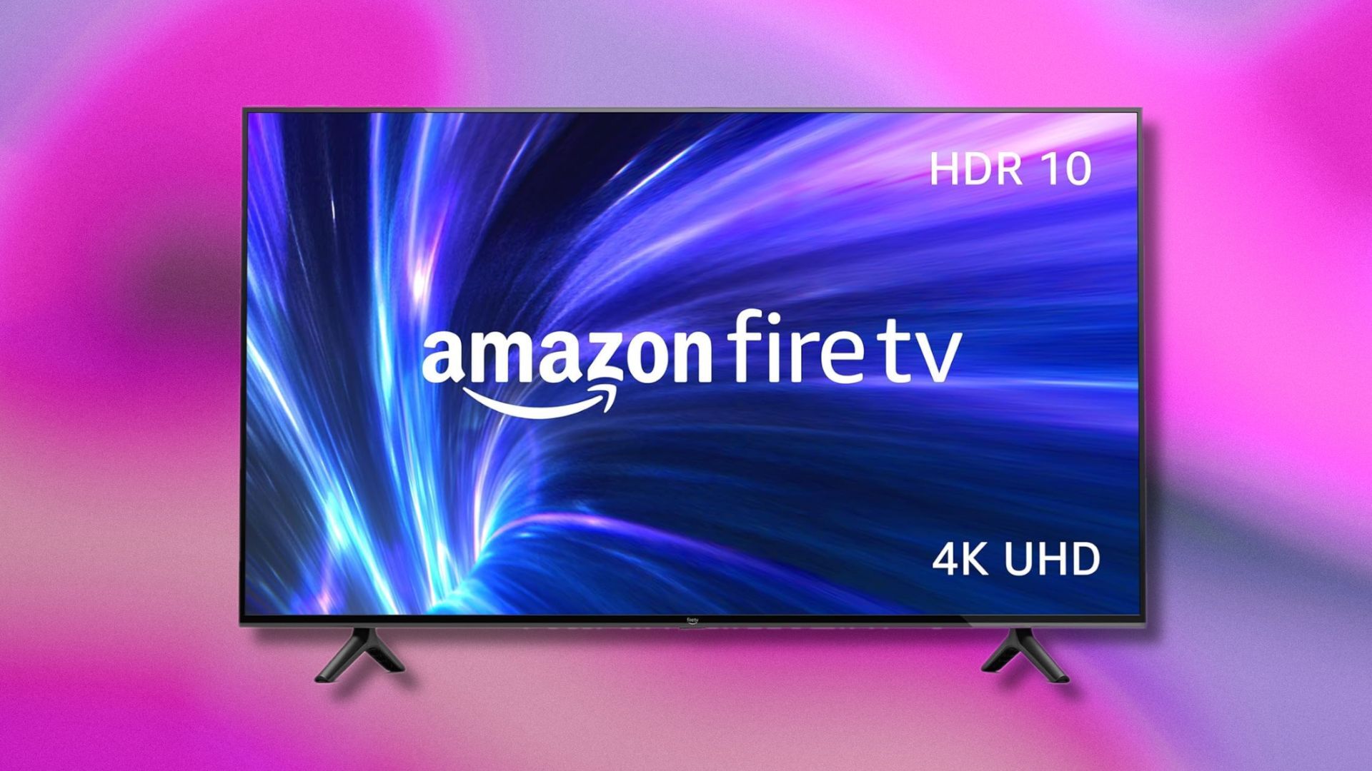 amazon 4-series fire tv against a pink, black, and purple patterned background