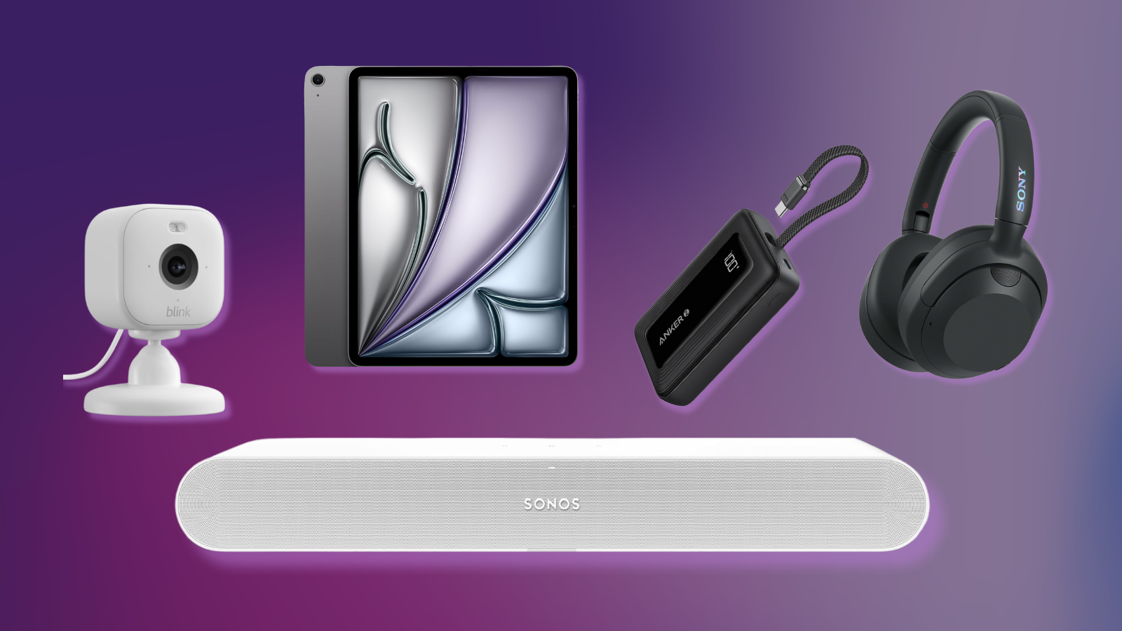 Blink Mini 2, Apple iPad Air, Sonos ray, Anker Zolo power bank, and Sony ULT Wear headphones with purple background