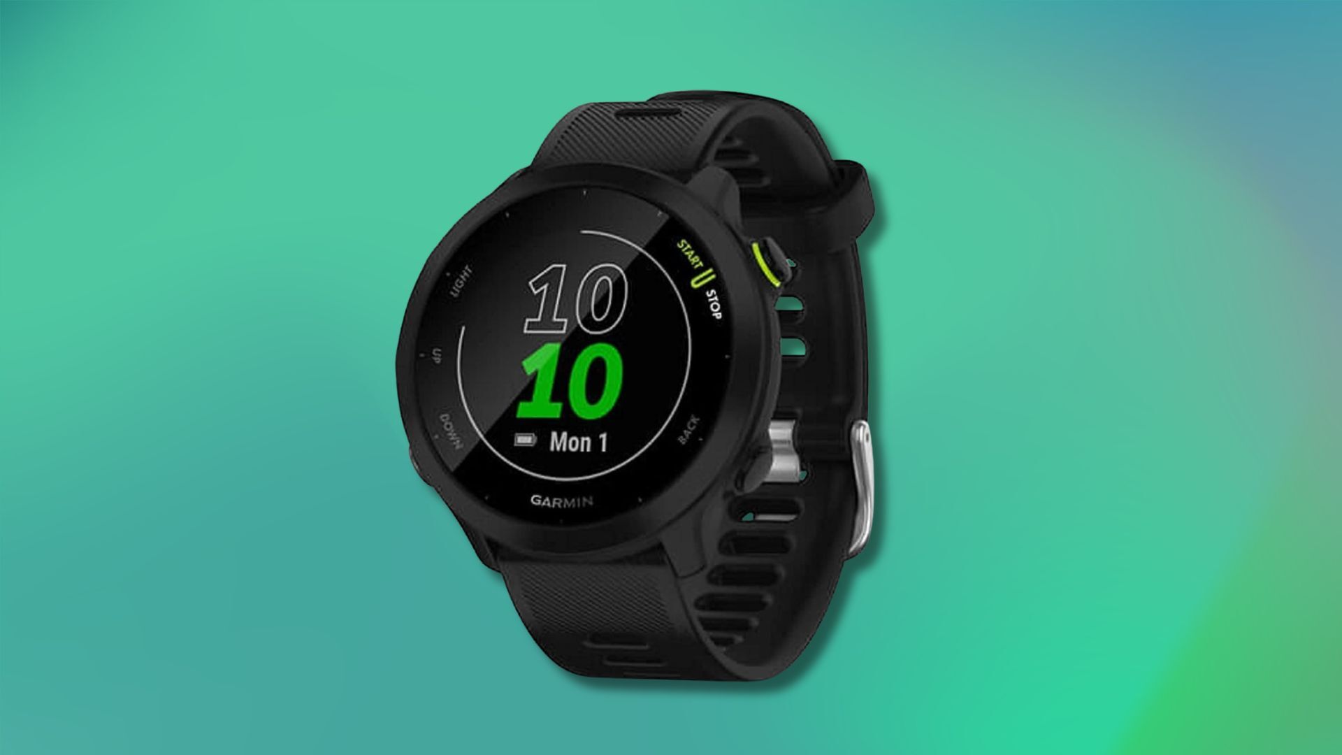 garmin forerunner 55 fitness tracker against a green background