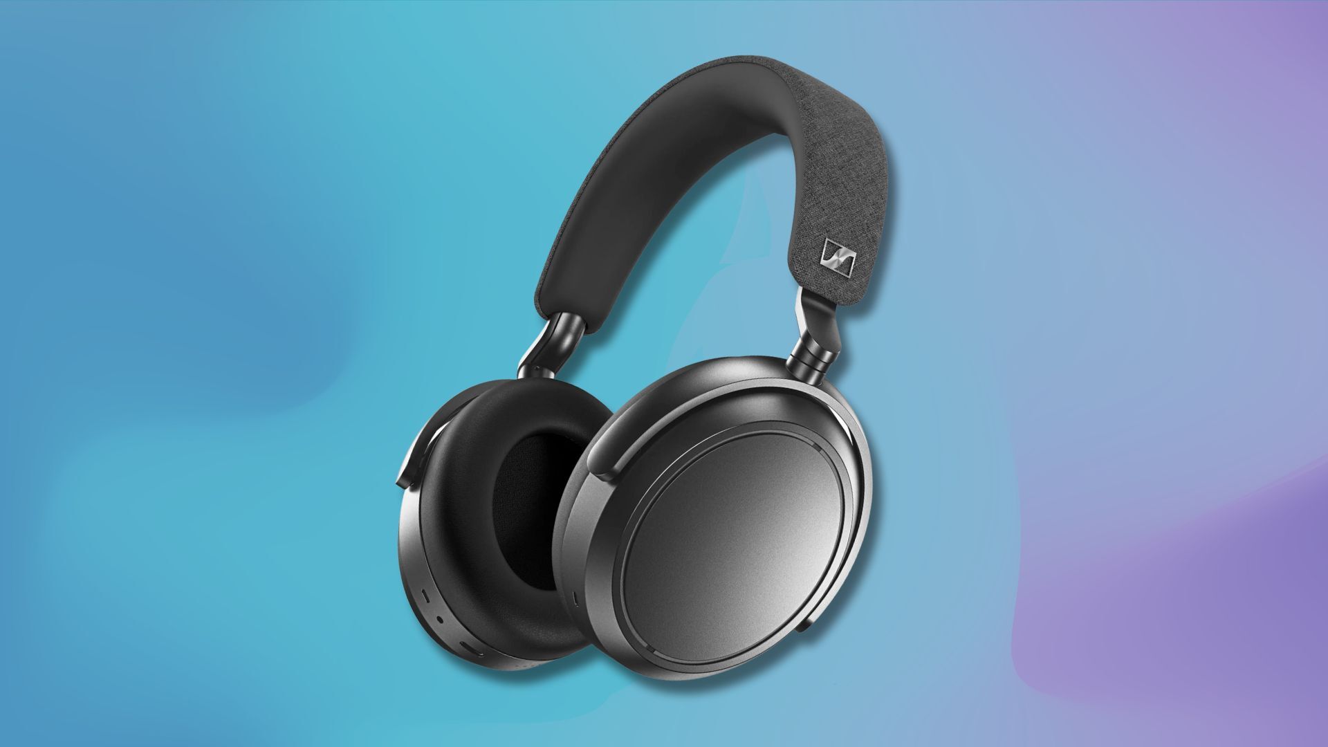 graphite colored sennheiser momentum 4 headphones against a blue and purple gradient background