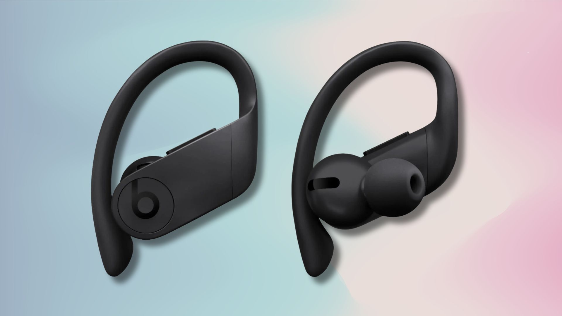 black beats powerbeats pro earbuds against a light blue and light pink gradient background