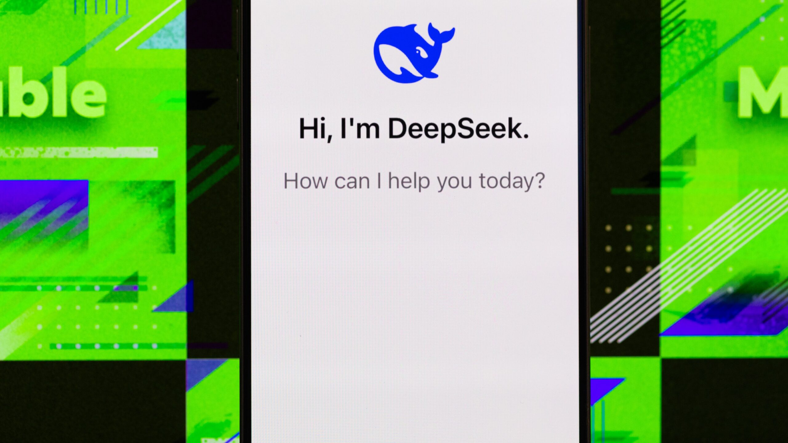 DeepSeek homepage on a smartphone against a neon green background