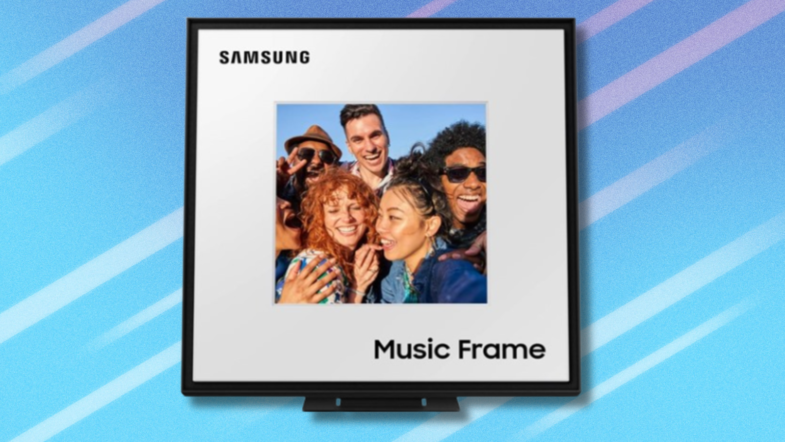 Samsung Music Frame on light blue abstract background