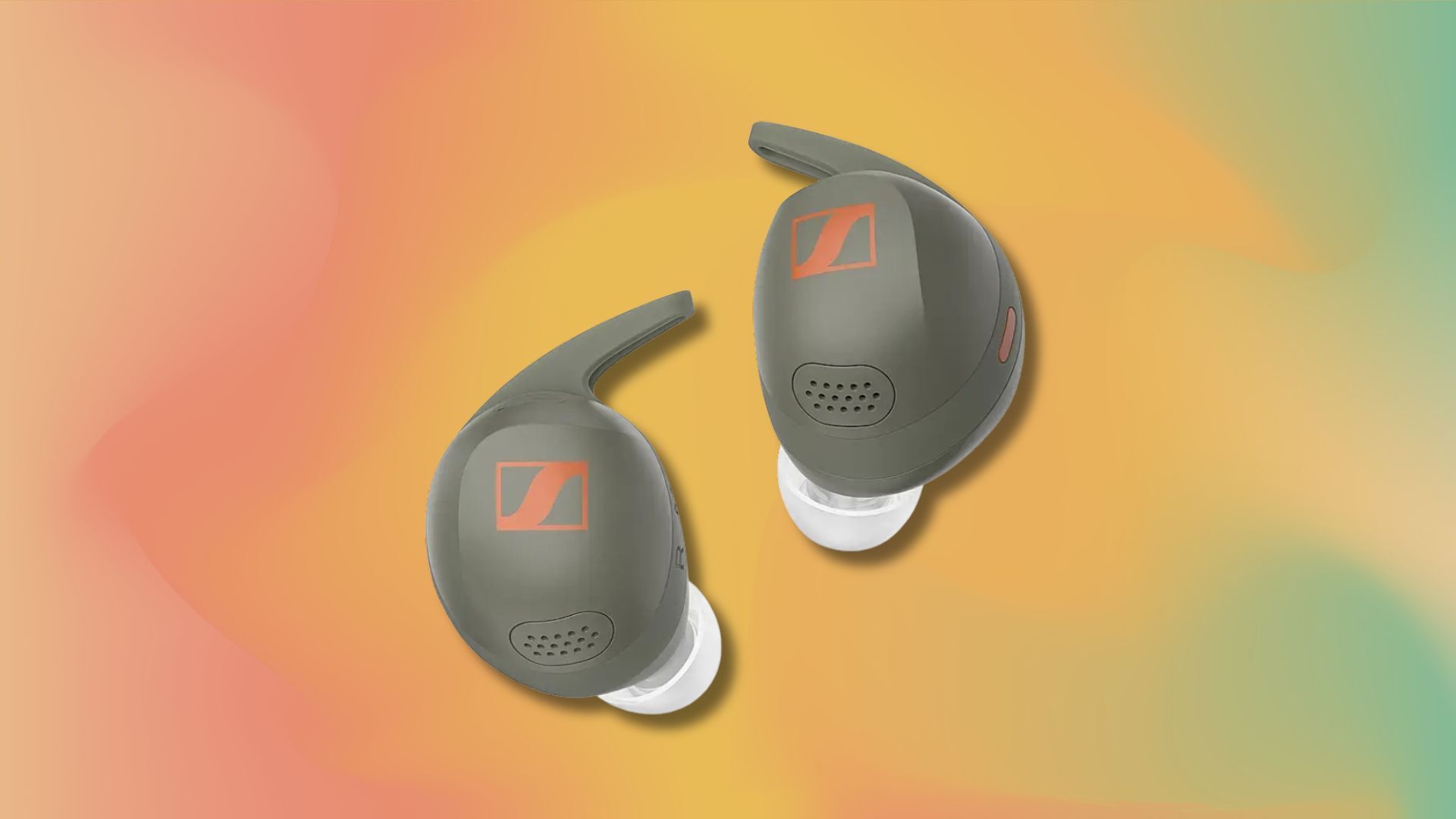 olive colored sennheiser momentum sport earbuds against a red, yellow, and green gradient background