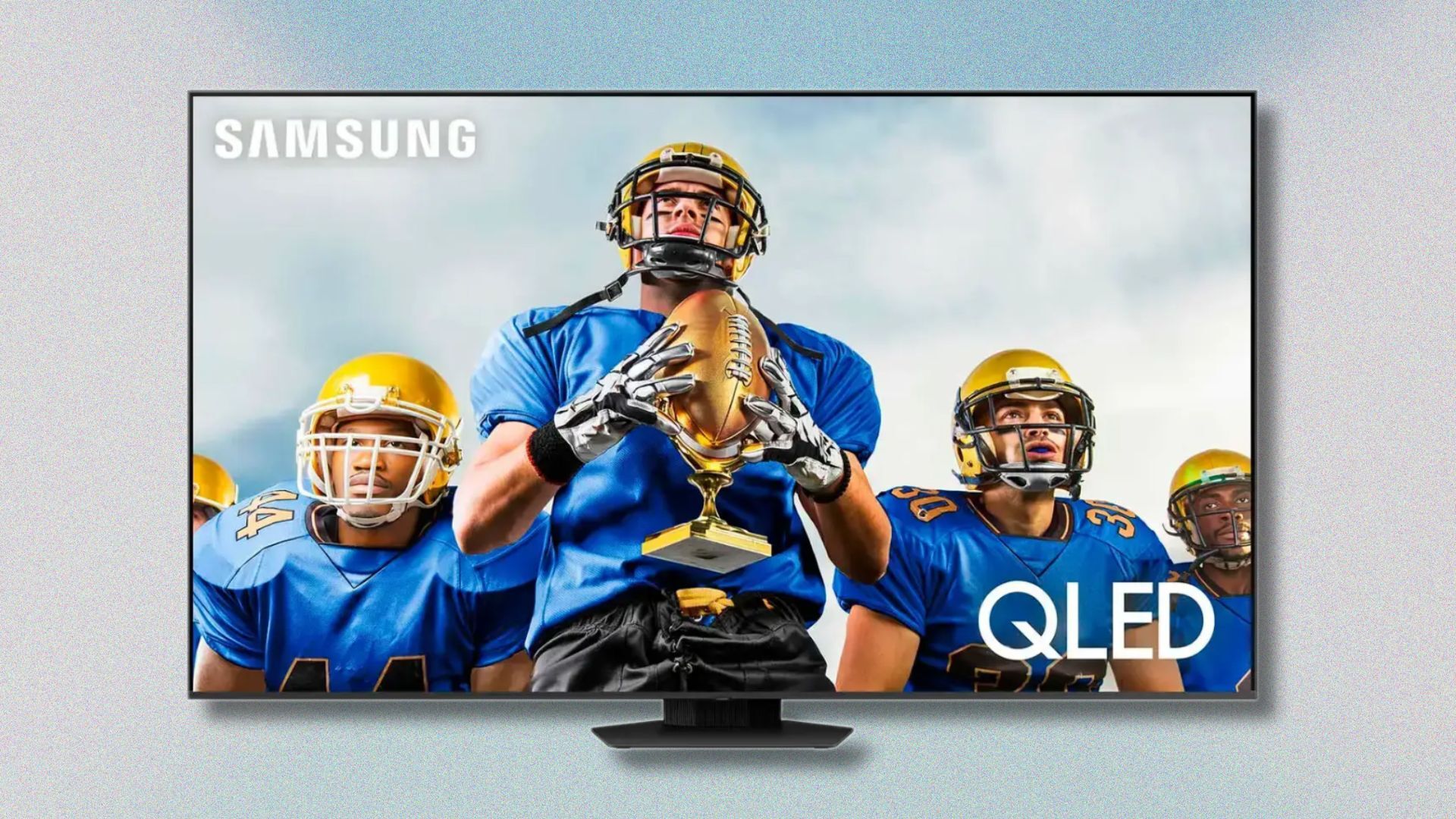 samsung q80c qled tv against a light blue and white gradient background