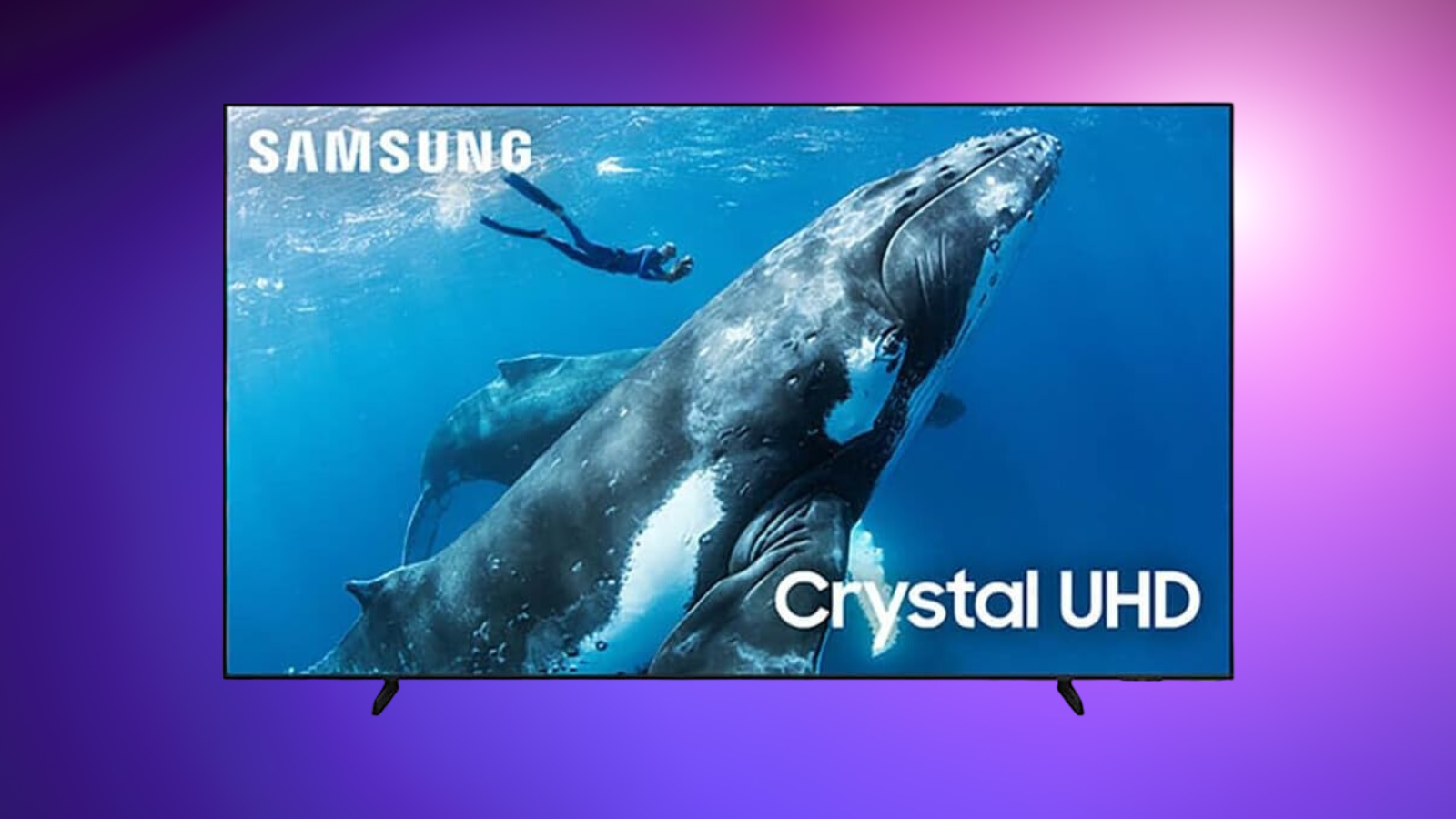 Samsung 98-inch DU9000 on a purple gradient background