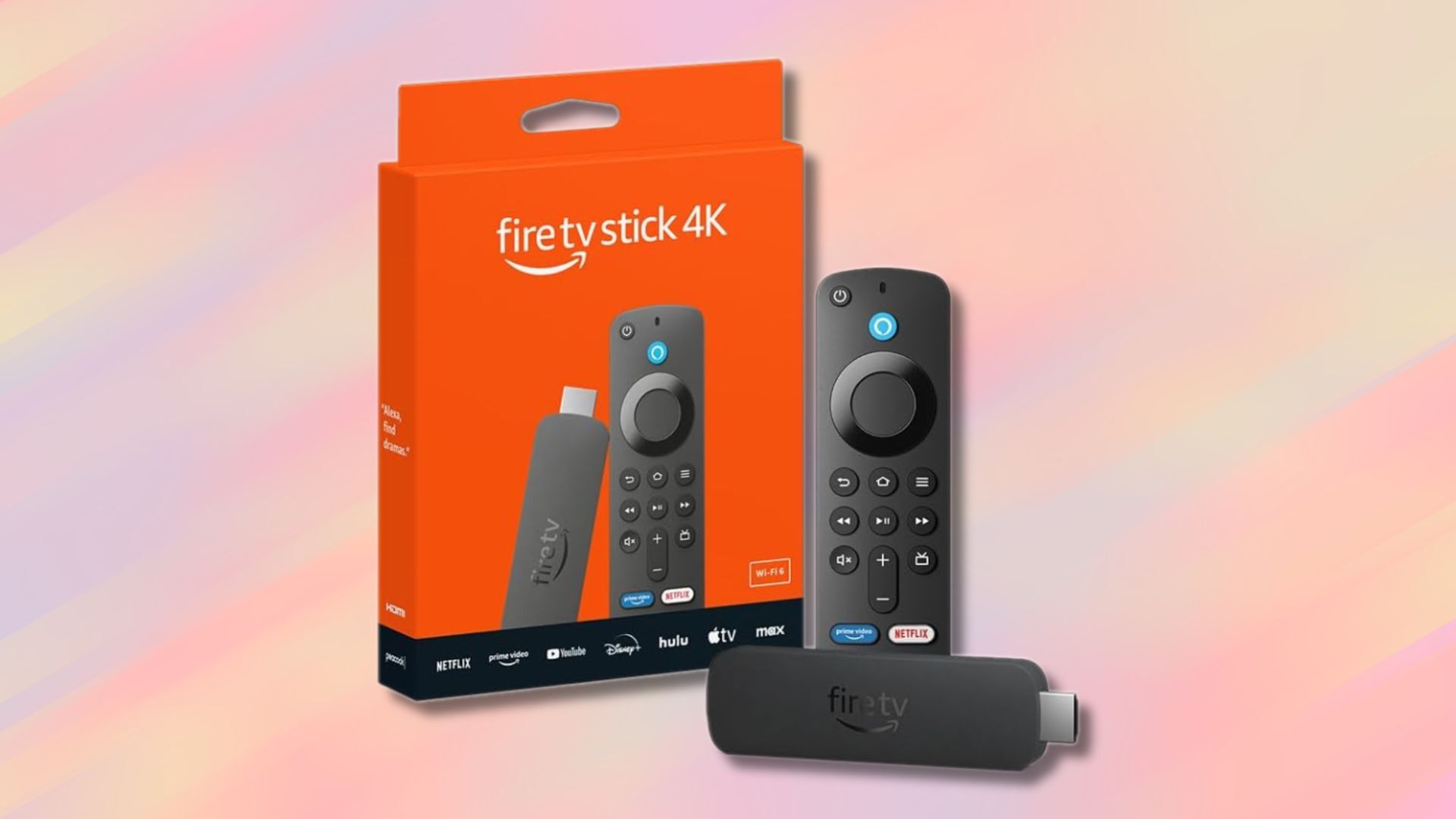 amazon fire tv stick 4k box on the left and streaming stick on the right against a pink, yellow, and purple striped background