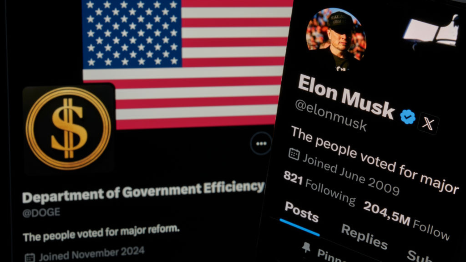 lon Musk's personal X account displayed on an iPhone in the foreground, while the official X profile of the Department of Government Efficiency (DOGE) is visible in the background.