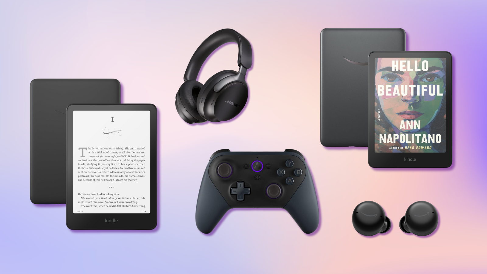 Kindle Paperwhite, Bose QuietComfort Ultra, Amazon Luna controller, Echo Buds, and Kindle Colorsoft with pink and purple background