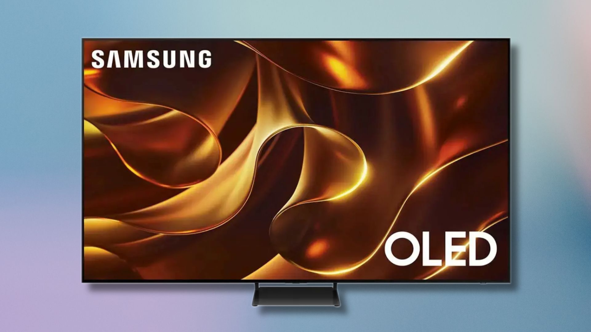 samsung s84d 4k oled smart tv on a light blue and light purple gradient background