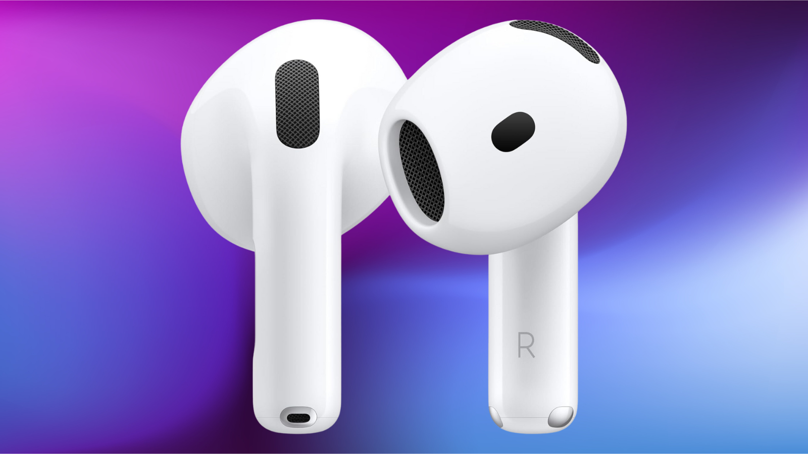 Apple AirPods 4 on a purple gradient background