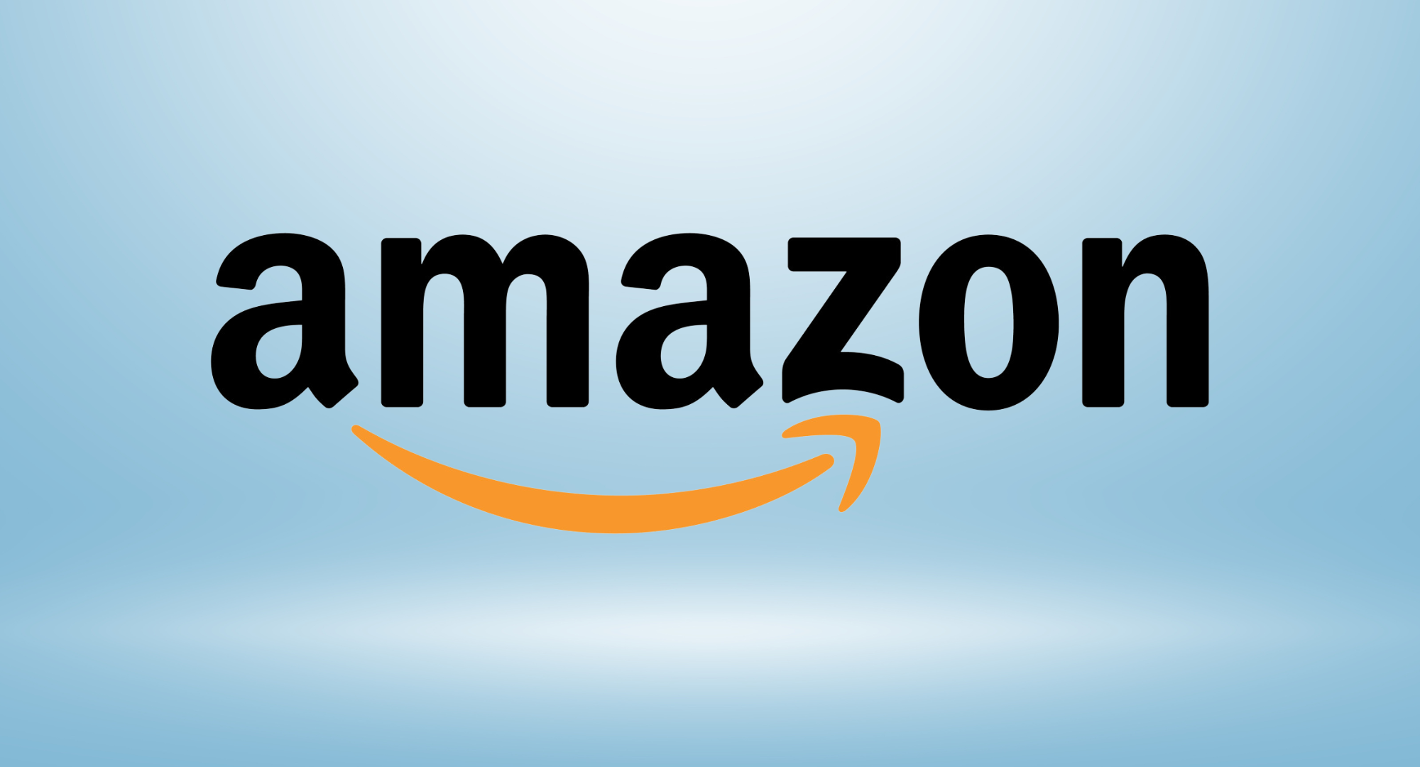 Amazon logo against a blue background. 