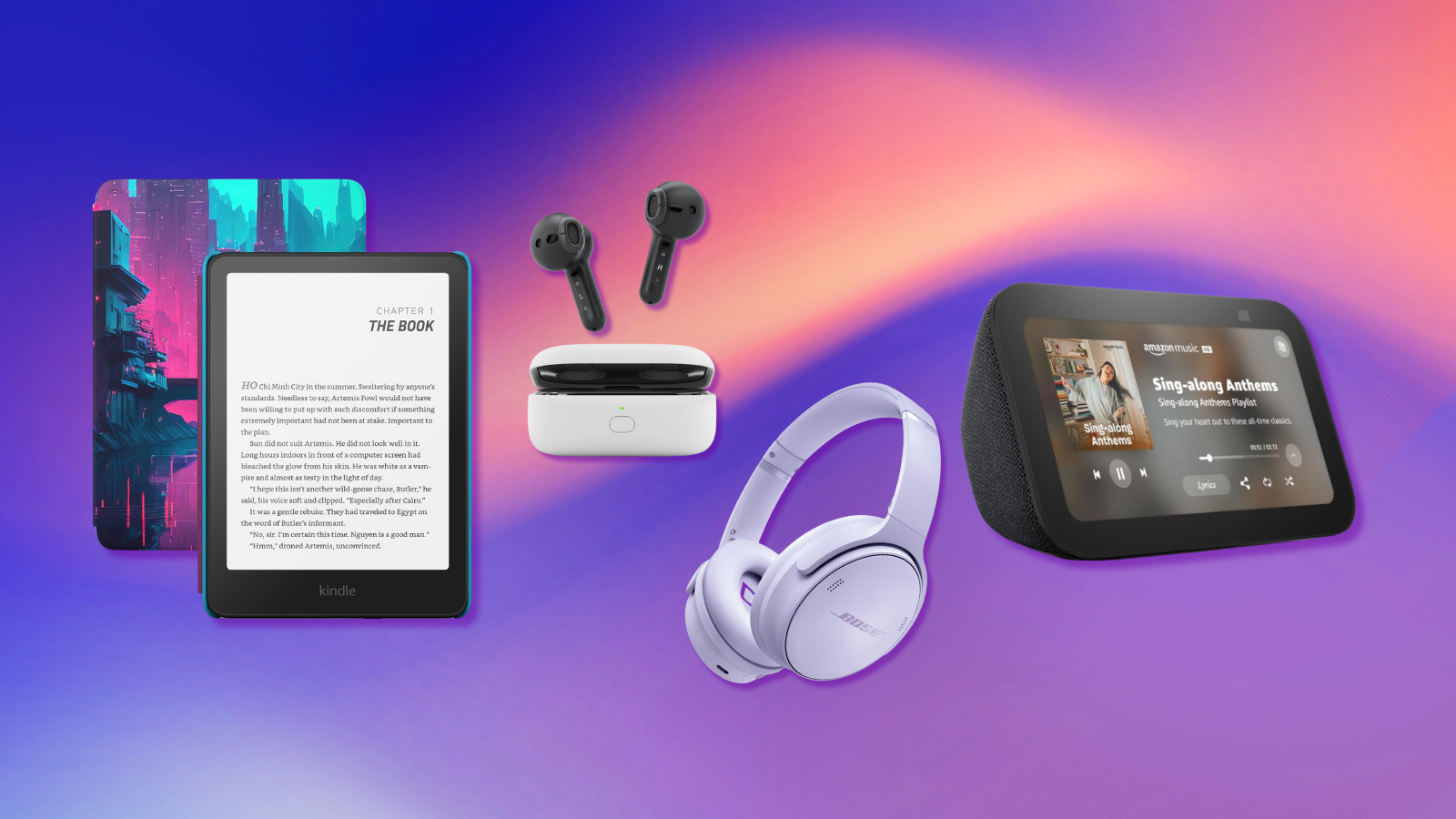 Amazon Echo Buds, Amazon Echo Show 5, Kindle Paperwhite Kids, Bose QuietComfort with pink and purple background