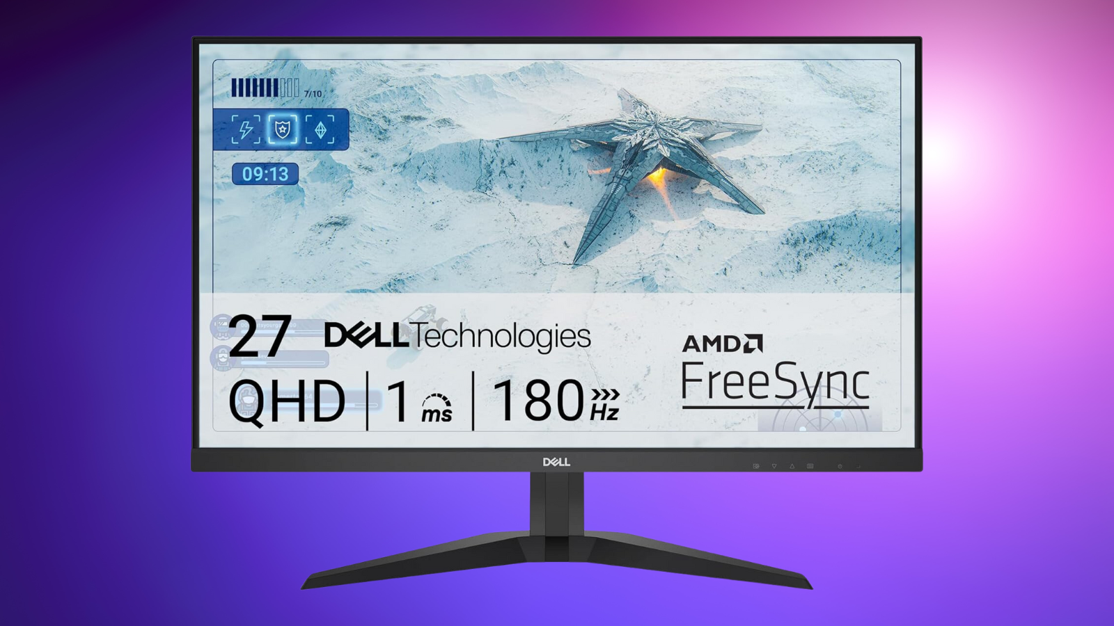 Dell G2725D on a purple gradient background