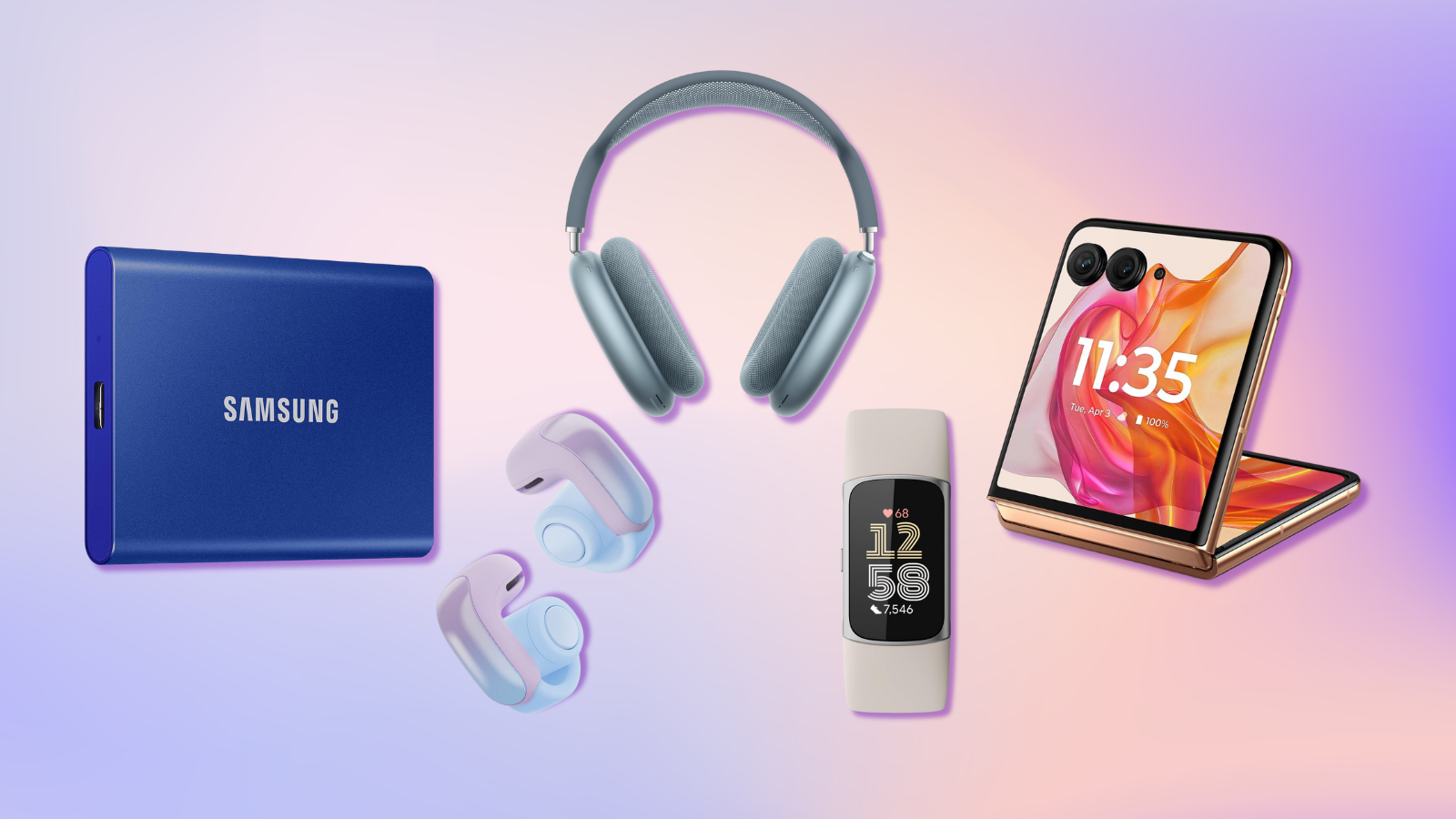 Samsung SSD, AirPods Max, Bose Ultra Open earbuds, Fitbit Charge 6, and Motorola razr+ with colorful background