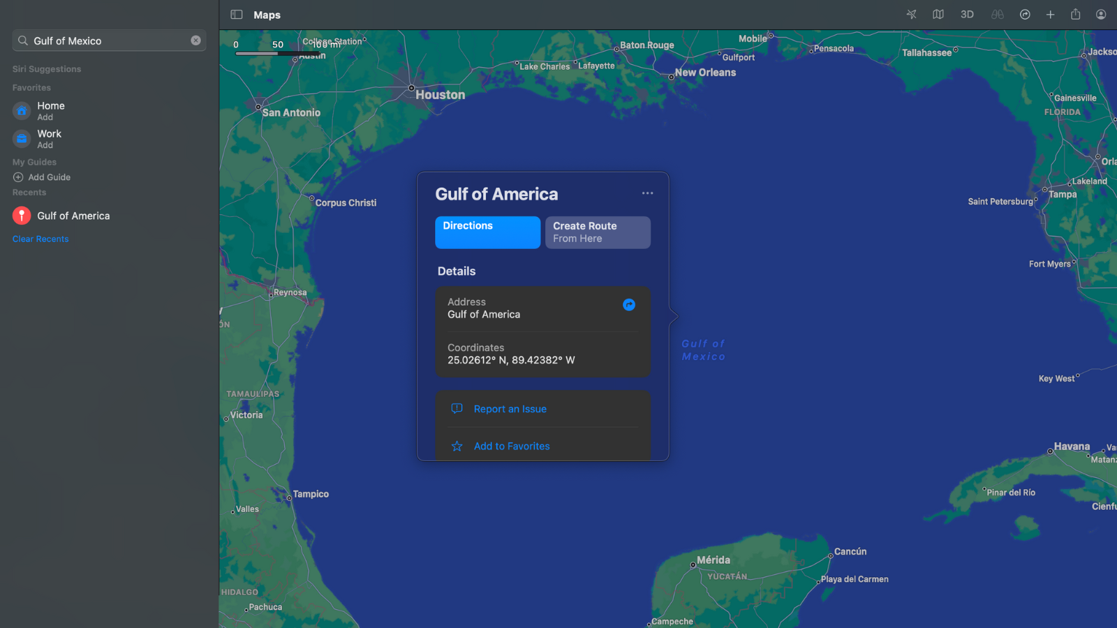 Apple's macOS Maps app showing the Gulf of Mexico labelled as such, with a popup calling it the Gulf of America.