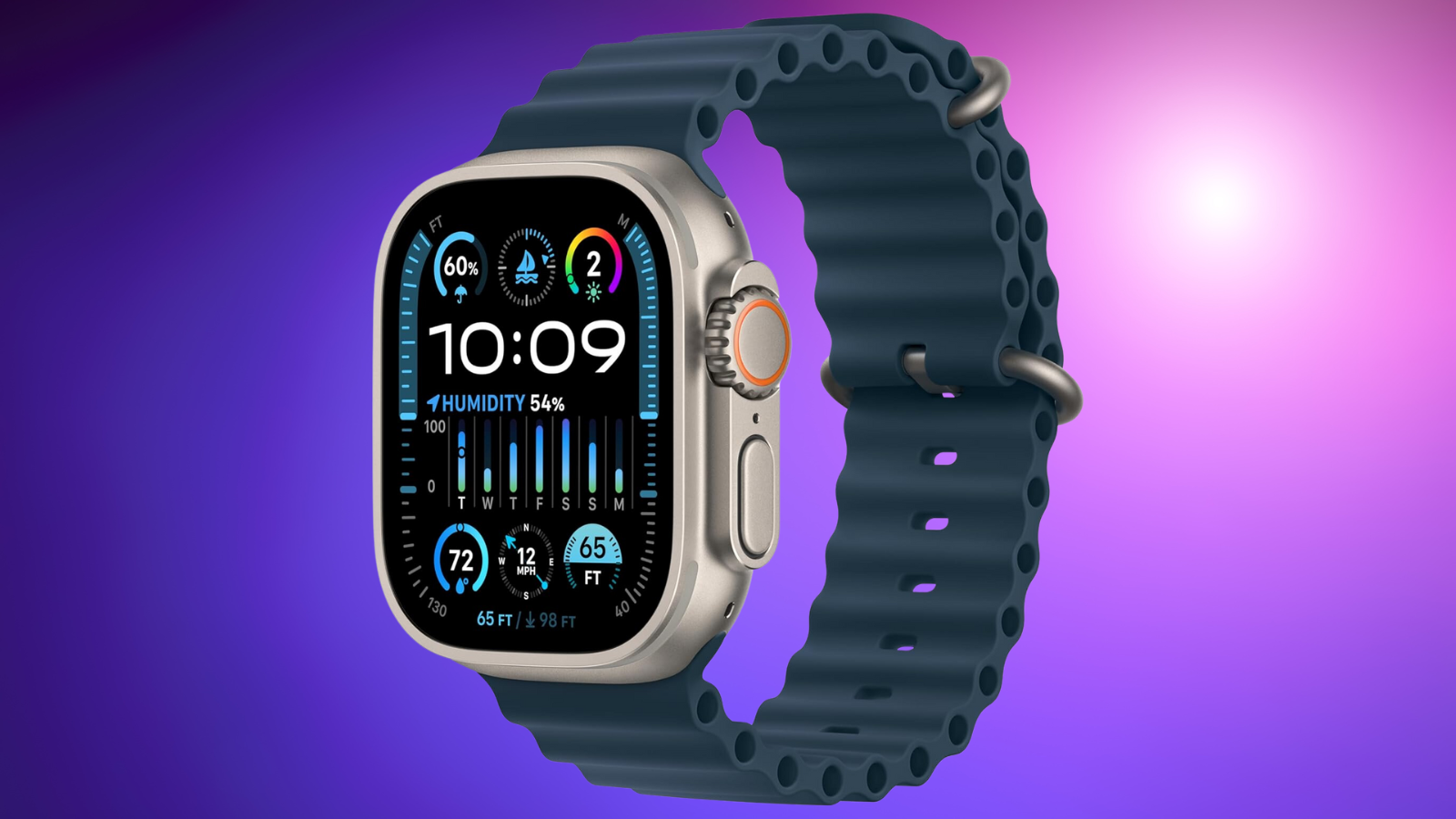 Apple Watch Ultra 2 on a purple gradient background