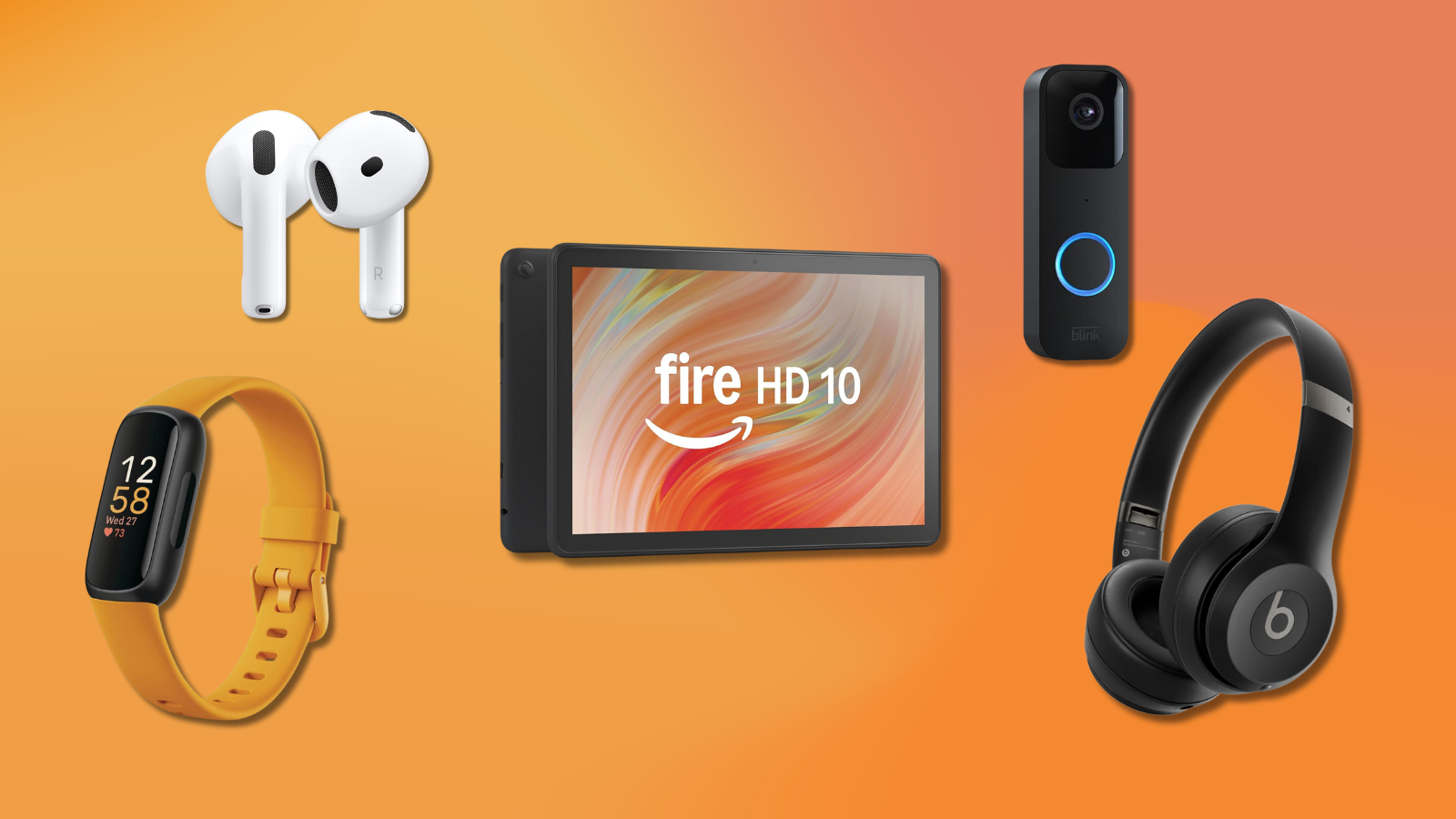 AirPods 4, Fitbit Inspire 3, Fire HD 10, Blink Video Doorbell, and Beats Solo 4 with orange gradient background