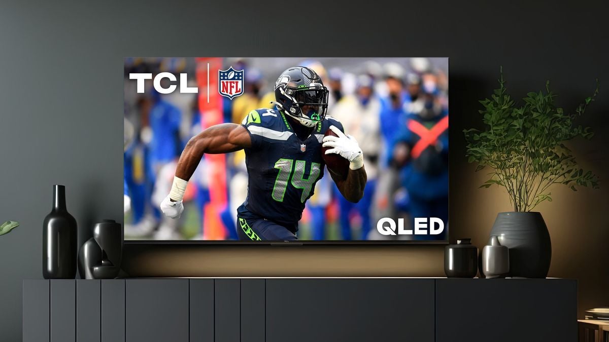 TCL TV with screensaver featuring football player