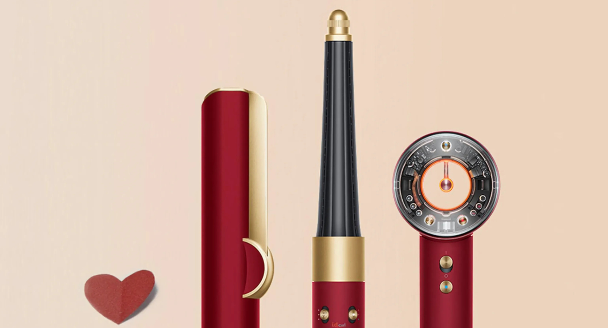 The all-new Dyson red velvet/gold colorway on the airwrap, supersonic, and straightener.