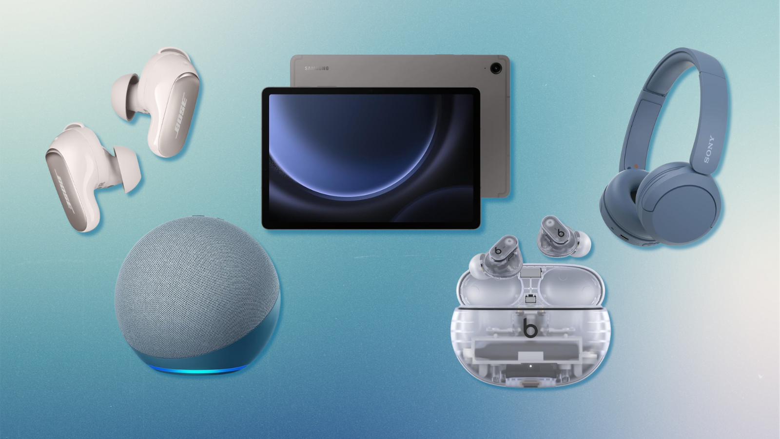 Sony WH-CH520 headphones, Amazon Echo, Bose QuietComfort Ultra earbuds, Beats Studio Buds+, and Samsung Galaxy Tab S9 FE with blue gradient background