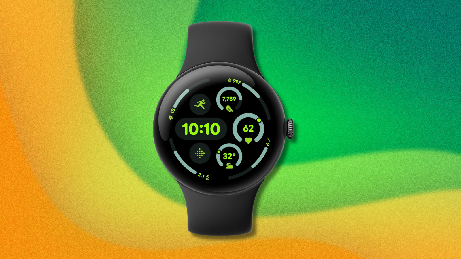 Google Pixel Watch 3 on green and yellow abstract background