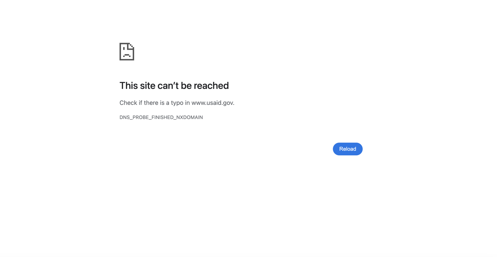 A screenshot of a Google Chrome browser saying "The site can't be reached" for USAID.gov