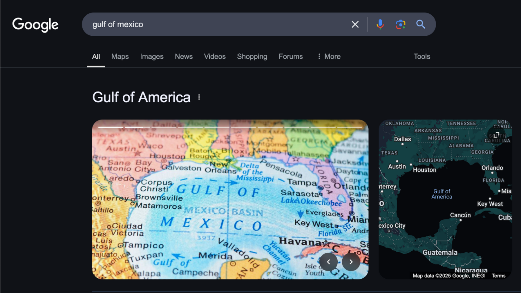 A screenshot of U.S. Google Search results for "Gulf of Mexico," showing text reading "Gulf of America."