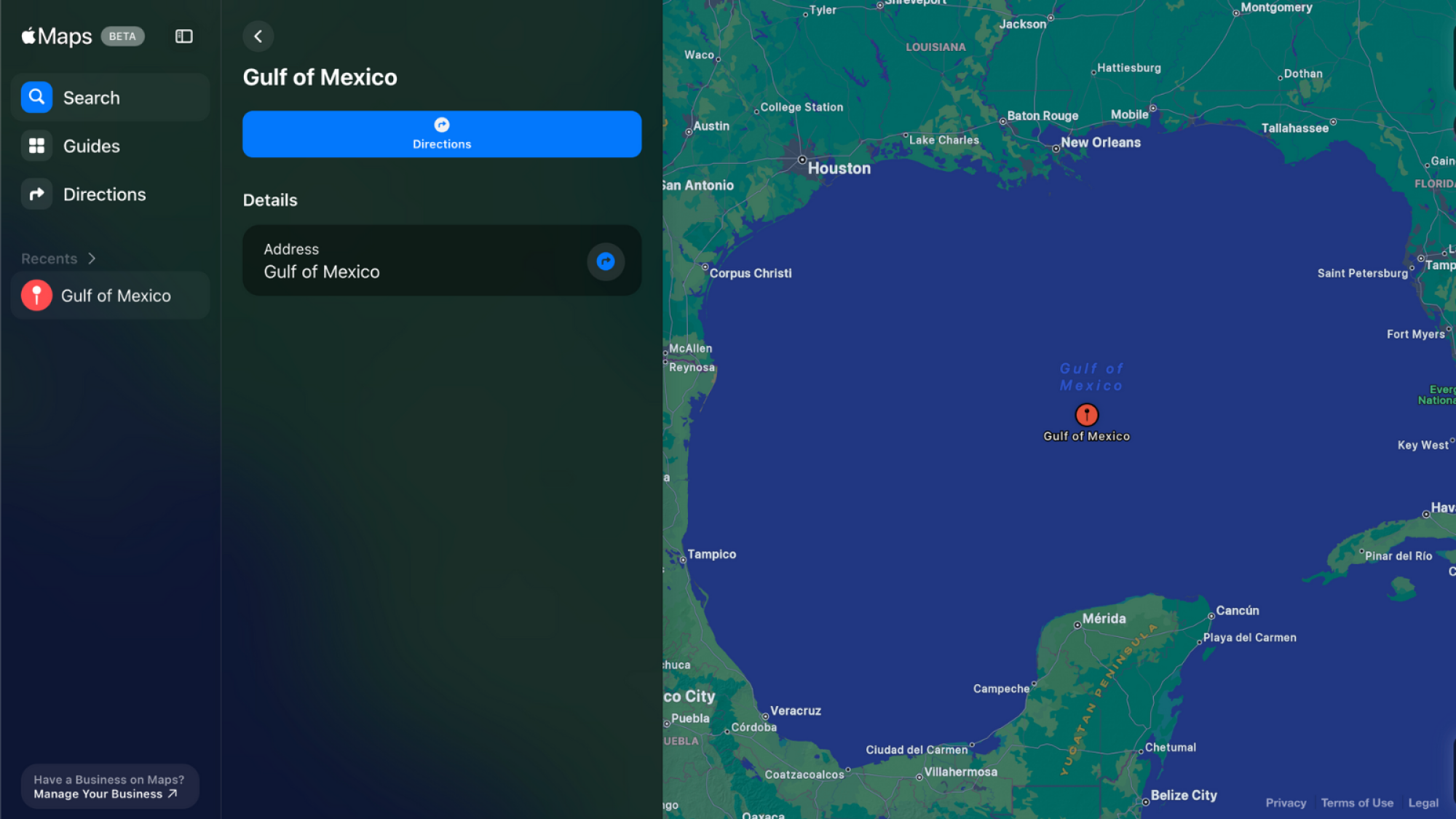 Apple Maps' browser beta in Australia, showing the Gulf of Mexico labelled as such on both the map and sidebar.