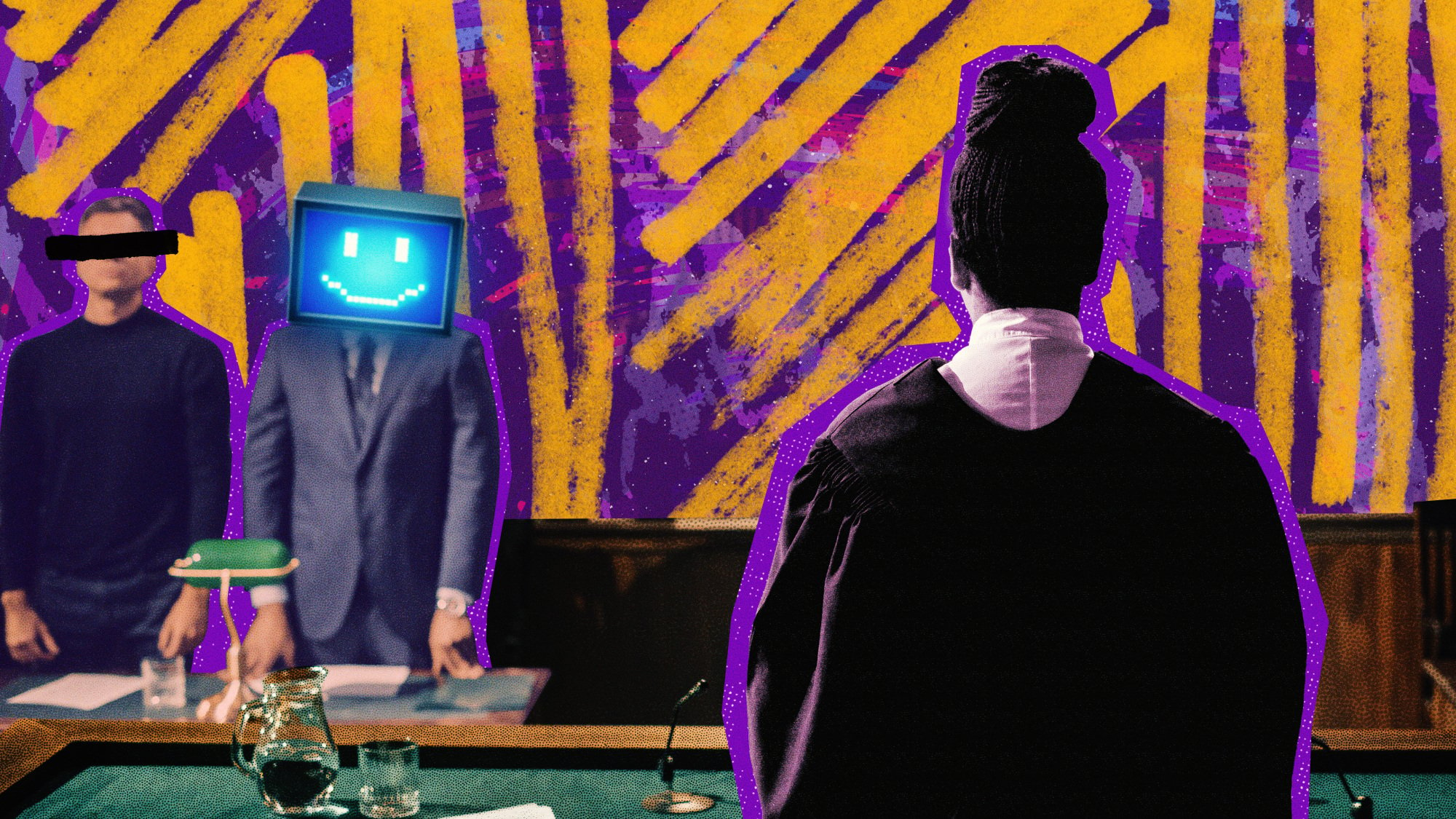 An illustration of a person with a computer monitor for a head (symbollising AI) standing next to a person they're representing before a judge.