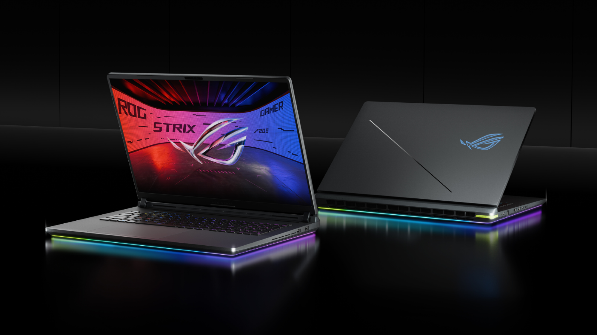 front and back views of the 2025 asus rog strix g18 against a black background