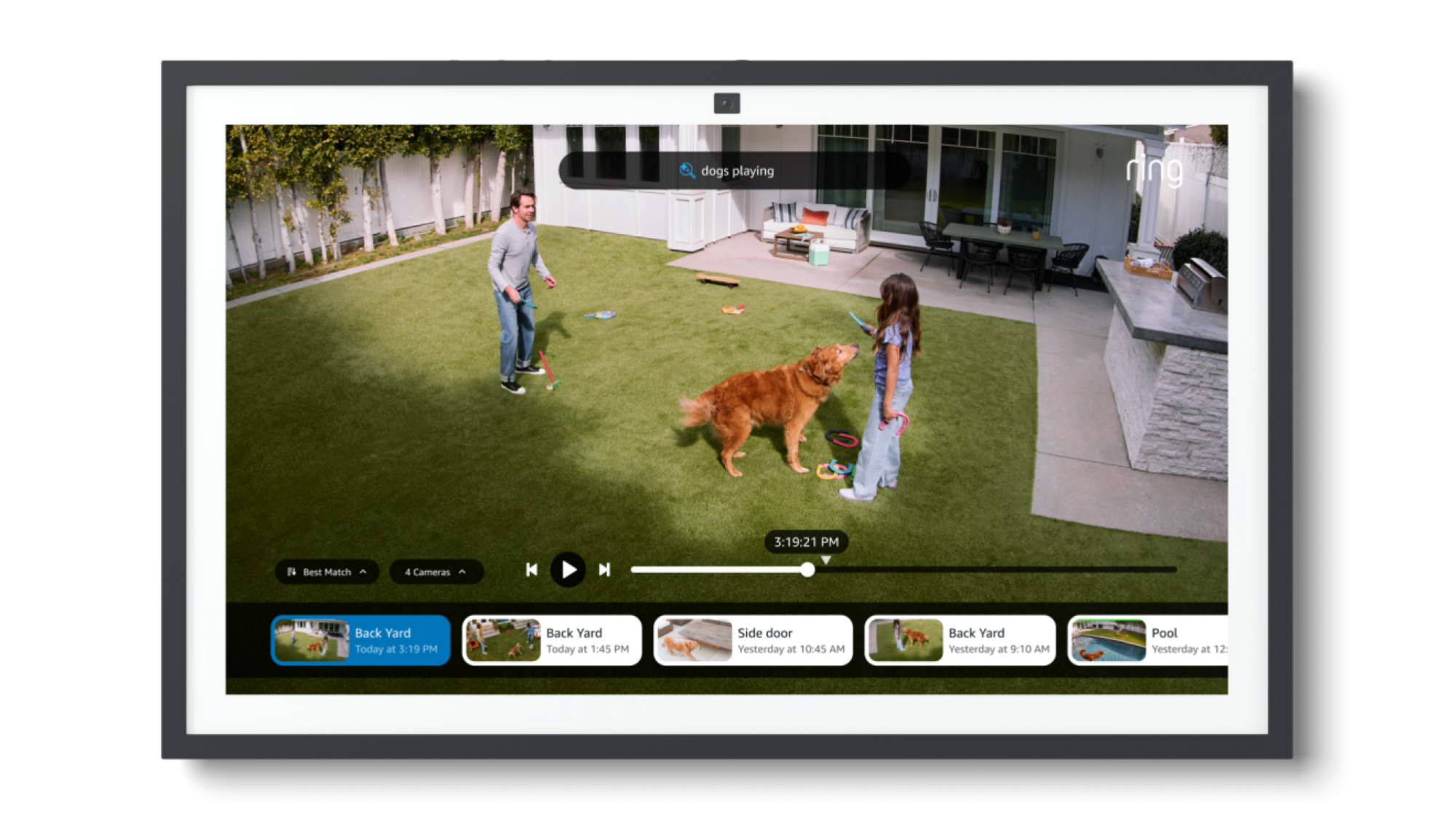 image of large screen of a camera view of a white couple and thier dog