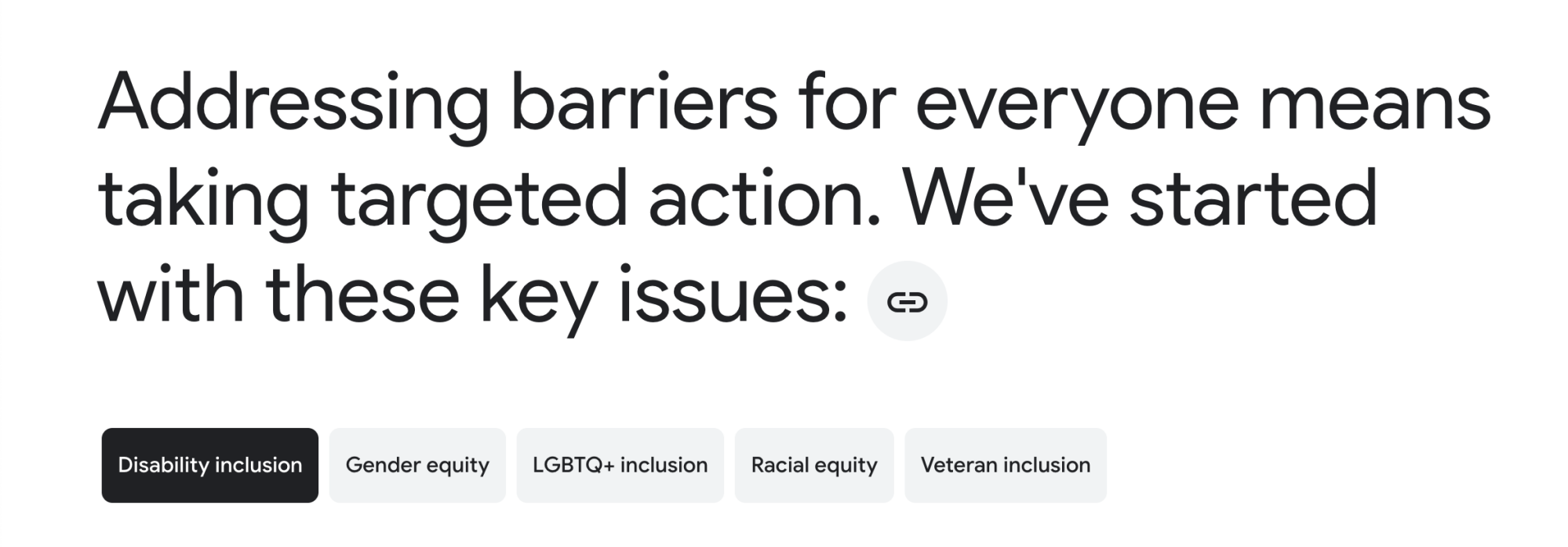 A screenshot of Google's Belonging page as of Jan. 31, reading: "Addressing barriers for everyone means taking targeted action. We've started with these key issues: disability inclusion, gender equality, LGBTQ+ inclusion, racial equality, veteran inclusion."