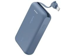 A Belkin powerbank in gray blue appears on a white screen with its USB plug floating away from it, as if in microgravity.